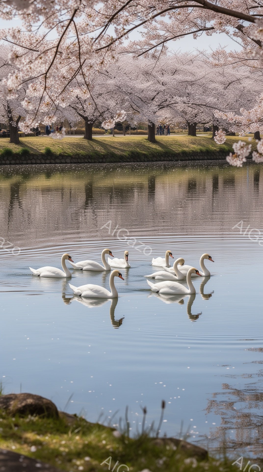 白鳥が穏やかな水面に浮かび、水面に美しい反射を作り出しています。背景には桜が咲き誇り、春の暖かく穏やかな雰囲気を醸し出しています。水と桜、白鳥のコントラストが印象的な風景です。