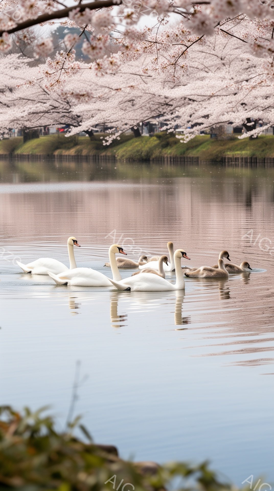 白鳥が穏やかな水面を優雅に泳いでいる。背景には桜並木が広がり、春の暖かさと静けさが感じられる。水面に映る桜と白鳥の姿が美しい光景を作り出している。 - AI生成フリー素材