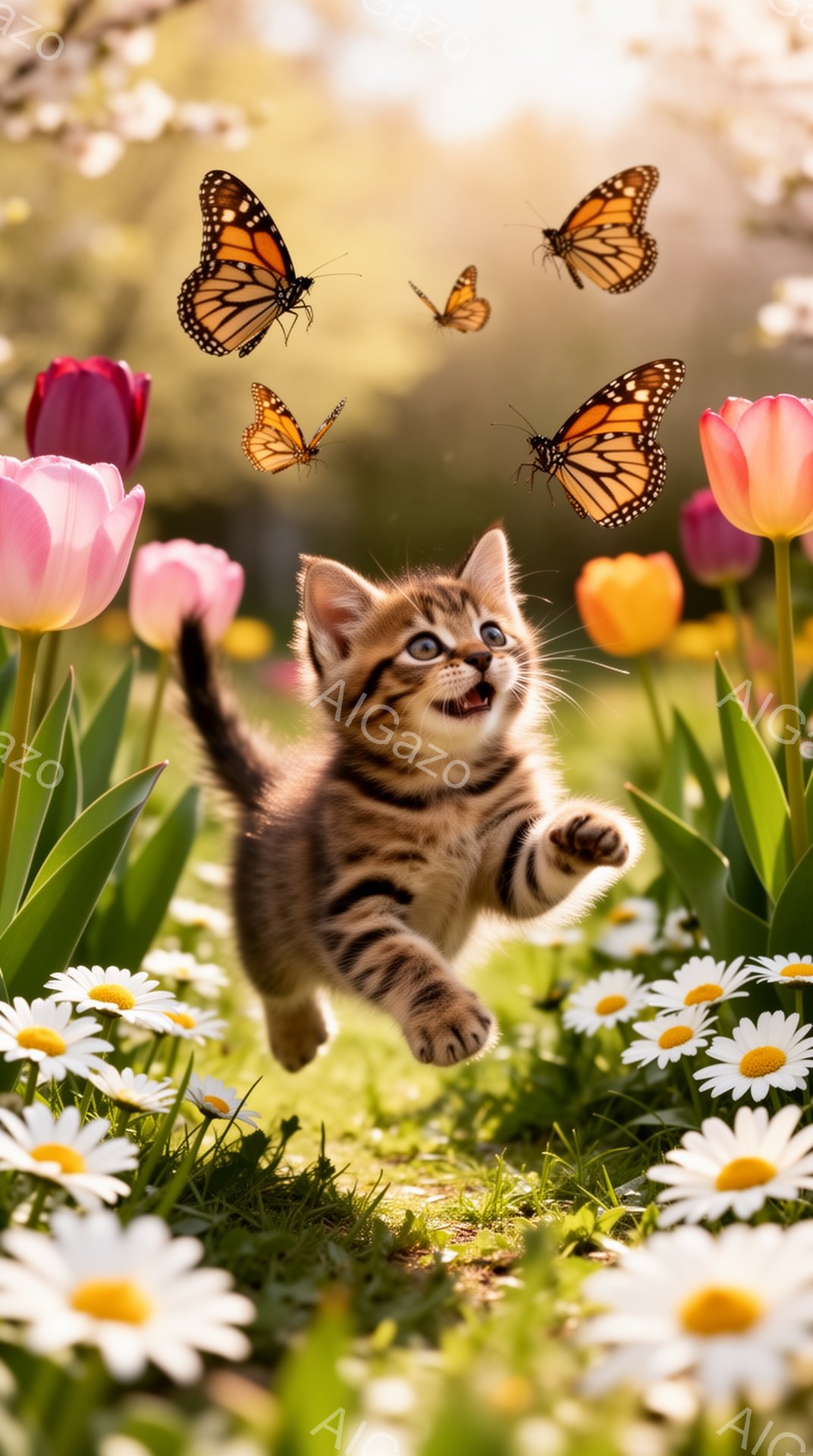 緑豊かな草原で子猫が蝶を追いかけて飛び跳ねています。周りには色とりどりの花が咲き乱れ、春らしい暖かく優しい雰囲気が漂っています。子猫は嬉しそうに前足を伸ばし、無邪気な姿が印象的です。 - AI生成フリー素材