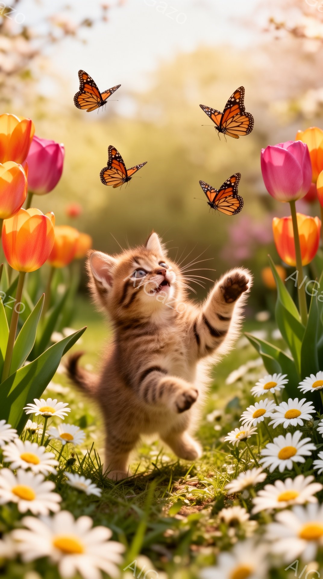 鮮やかな春の庭で、小さな子猫が蝶を追いかけて遊び、可愛らしい姿を見せています。周りにはチューリップやデイジーが咲き乱れ、暖かい日差しが降り注ぎ、穏やかな雰囲気が漂っています。子猫は嬉しそうに前足を伸ばし、蝶に触れようとしています。