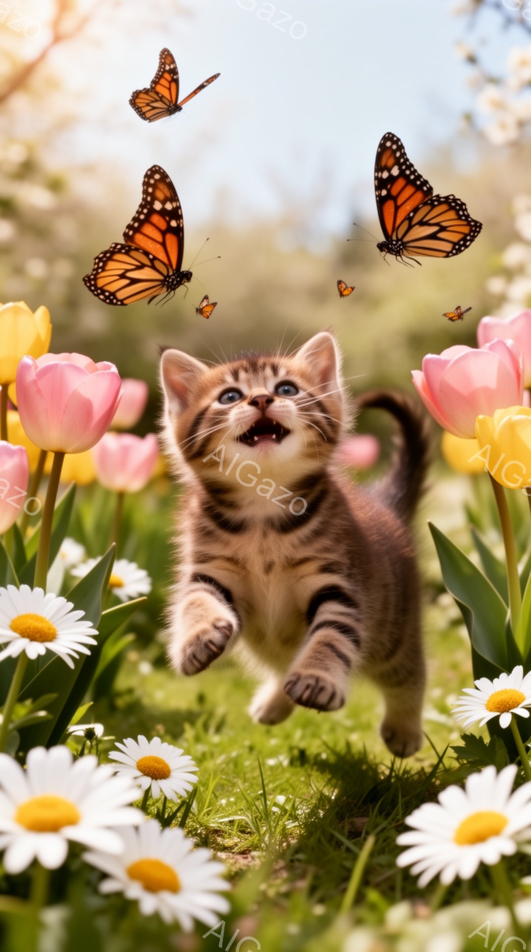 緑の草原と花畑で子猫が飛び跳ねています。周りにはオレンジ色の蝶が舞い、春の暖かく明るい雰囲気を楽しんでいます。子猫は嬉しそうに口を開けて、蝶を追いかけているようです。 - AI生成フリー素材