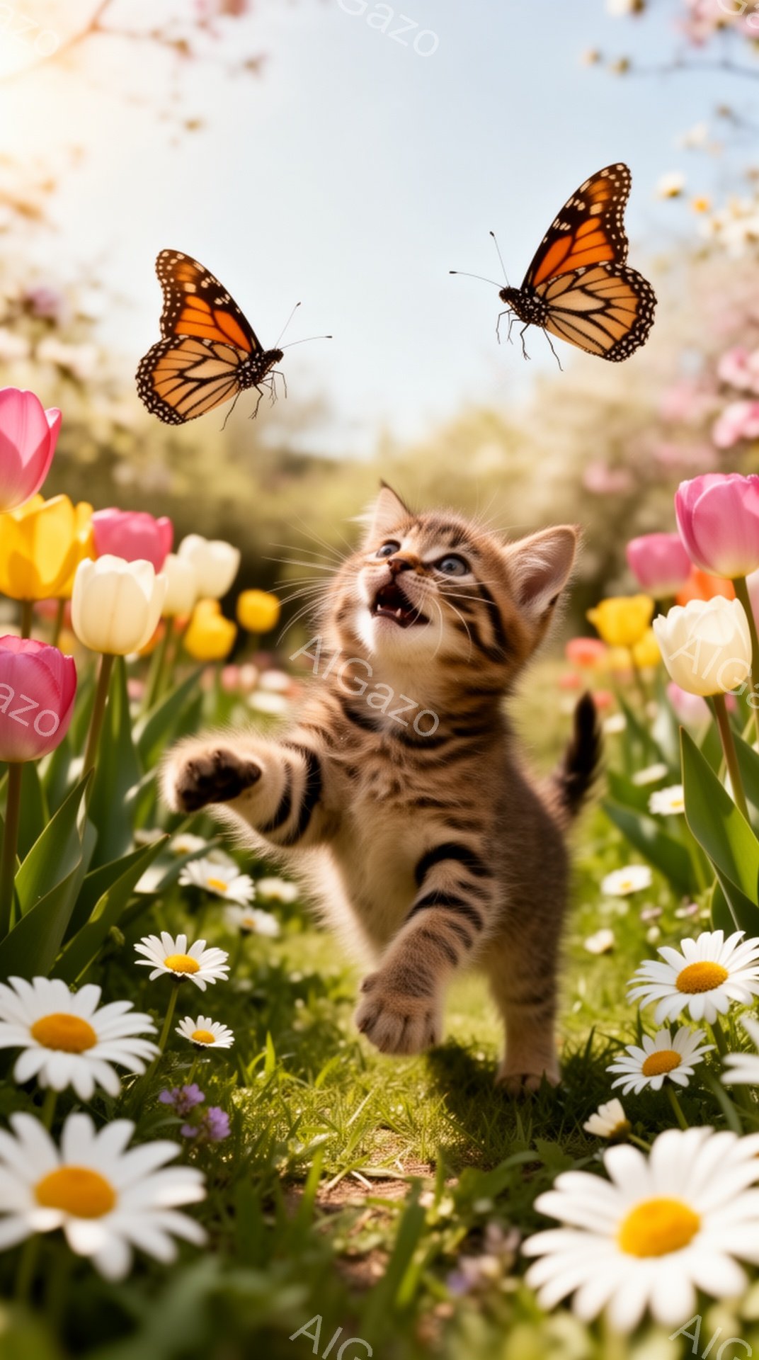 花畑の中で子猫が蝶を追いかけている様子が描かれています。子猫は前足を伸ばして飛び跳ね、楽しそうな表情をしています。背景には色とりどりの花が咲き乱れ、春らしい暖かく穏やかな雰囲気が漂っています。 - AI生成フリー素材