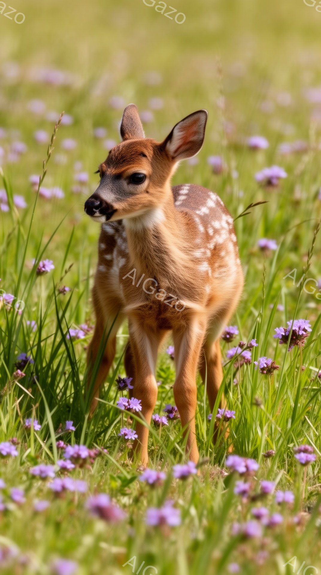 緑の草地にいる子鹿が描かれています。紫色の小さな花々が咲き乱れ、子鹿の周りを彩っています。子鹿は少し緊張した面持ちで、こちらを見つめています。