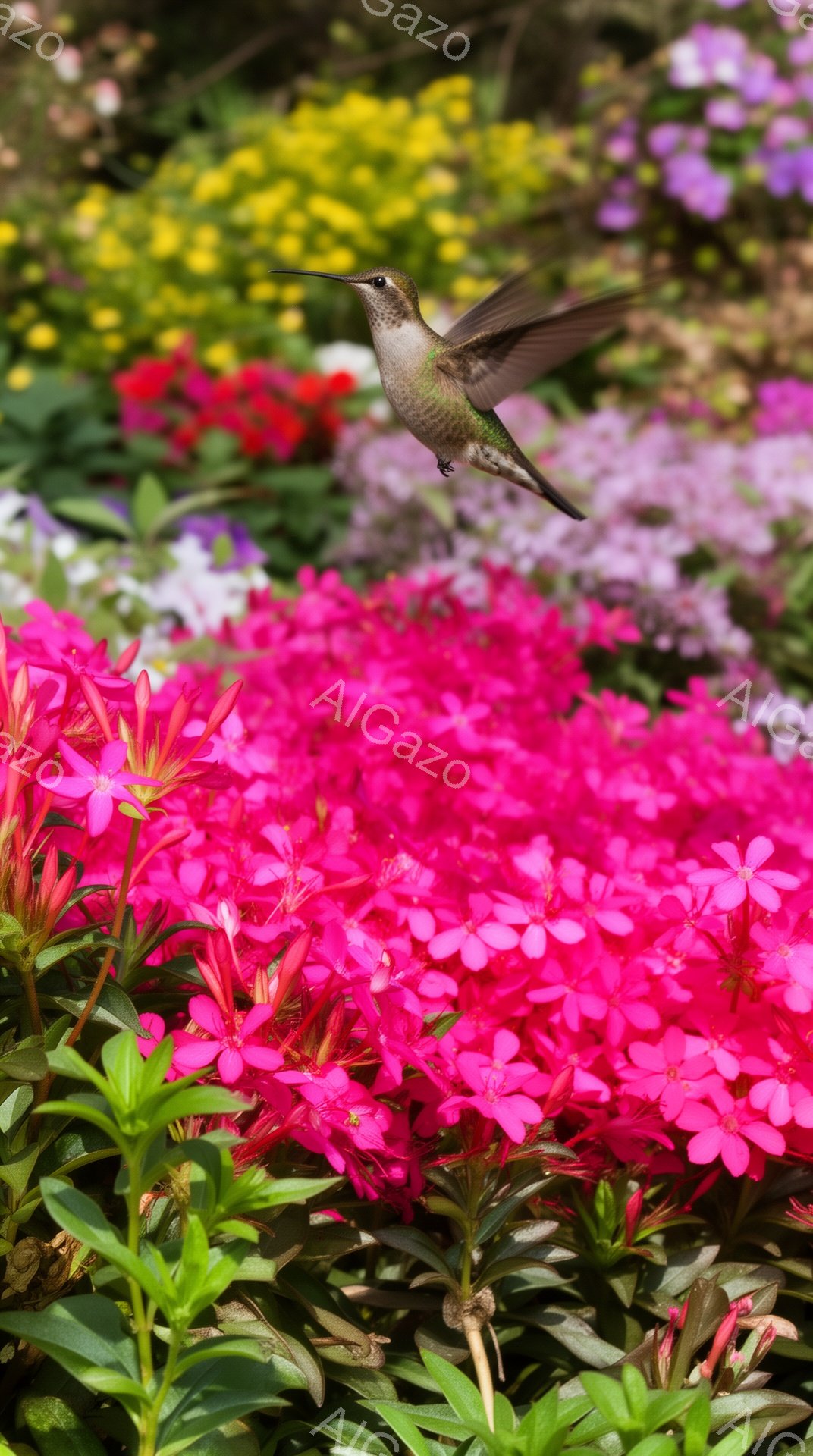 鮮やかなピンク色の花畑を背景に、ハチドリが翼を羽ばたきながら蜜を求めて飛んでいます。太陽の光が花々を照らし、生き生きとした自然の美しさを表現しています。背景には他の花々も咲き乱れ、色彩豊かな楽園のような雰囲気を醸し出しています。