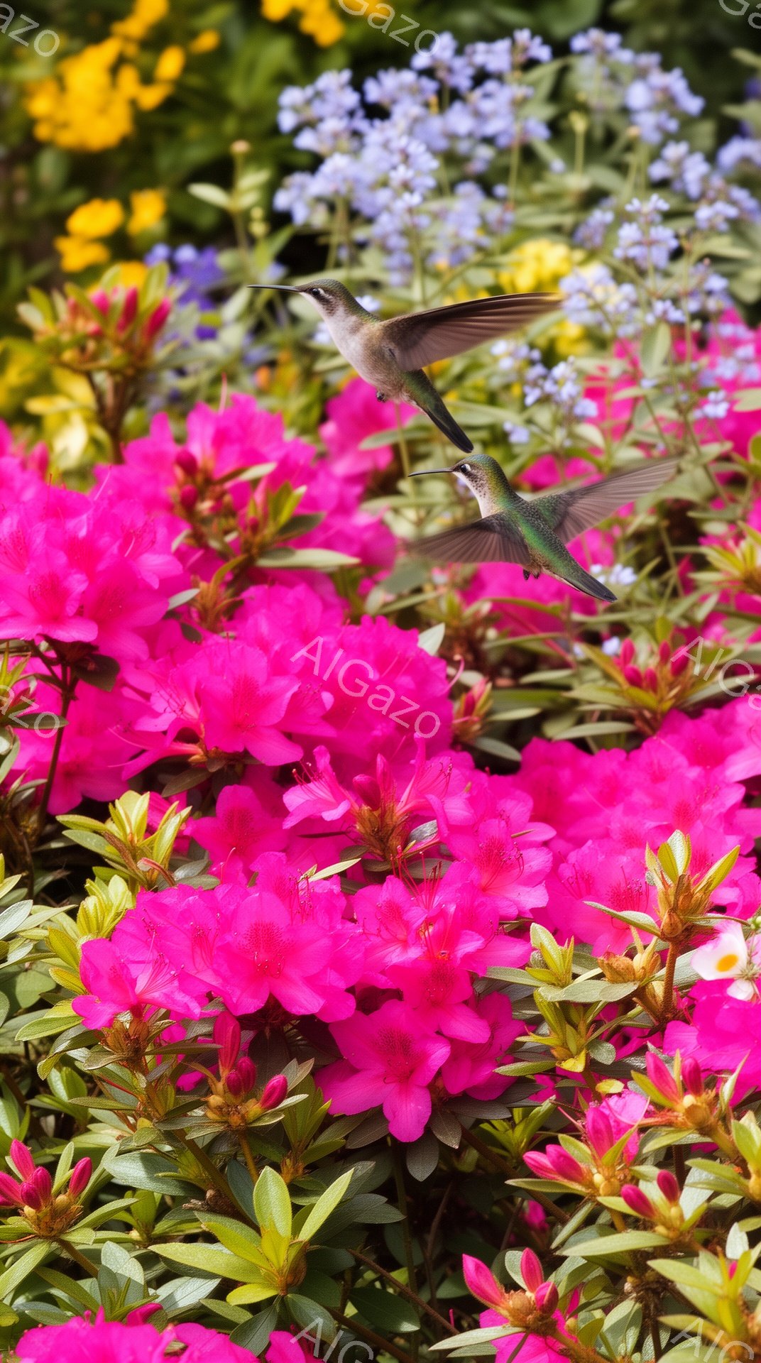 鮮やかなピンク色のつつじの花々の中に、ハチドリが飛び込んでいる様子が捉えられています。背景には、青い花や黄色い花も咲き乱れ、色彩豊かな春の庭園を表現しています。ハチドリの羽の動きが速く、生き生きとした生命力に満ちています。