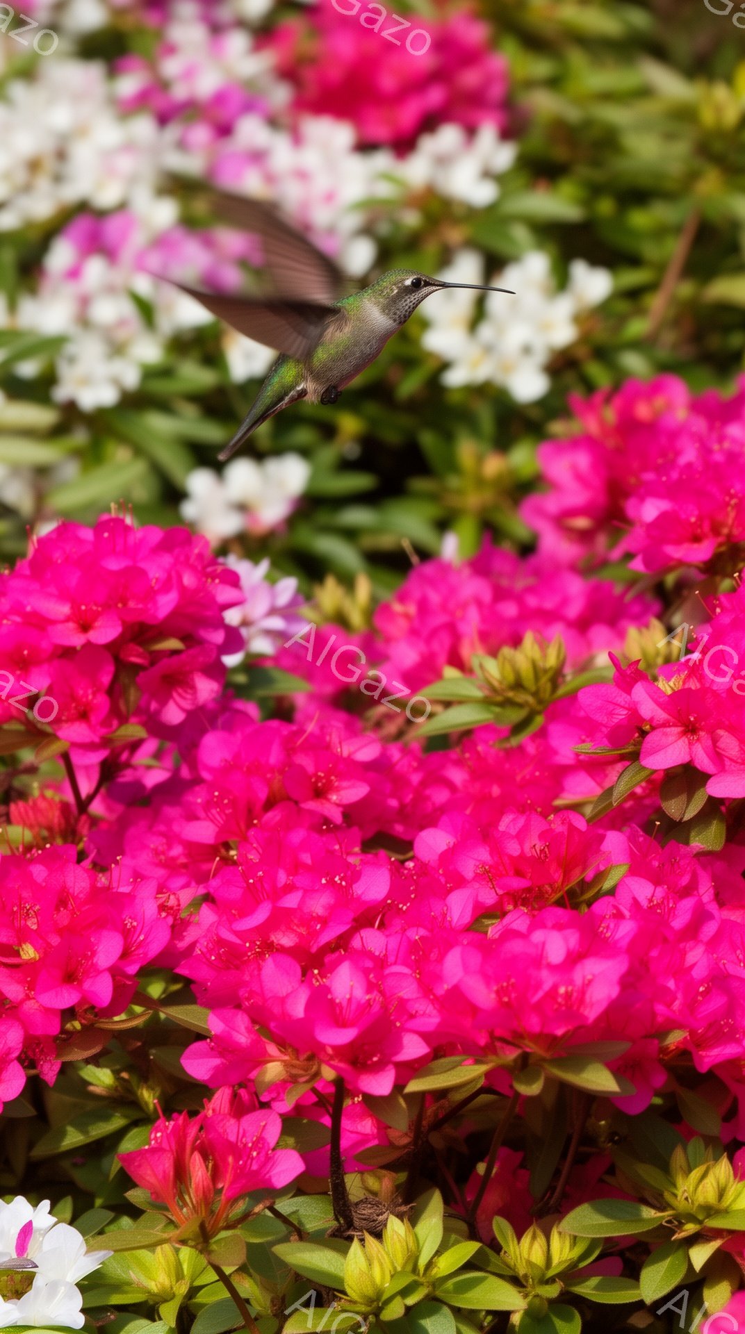 色とりどりのツツジの花が咲き乱れ、その中に一羽のハチドリが花の蜜を吸っています。ハチドリの羽根は太陽の光を受けて輝き、鮮やかな花のコントラストが美しいです。背景には緑の葉が茂り、春の穏やかな雰囲気を醸 - AI生成フリー素材