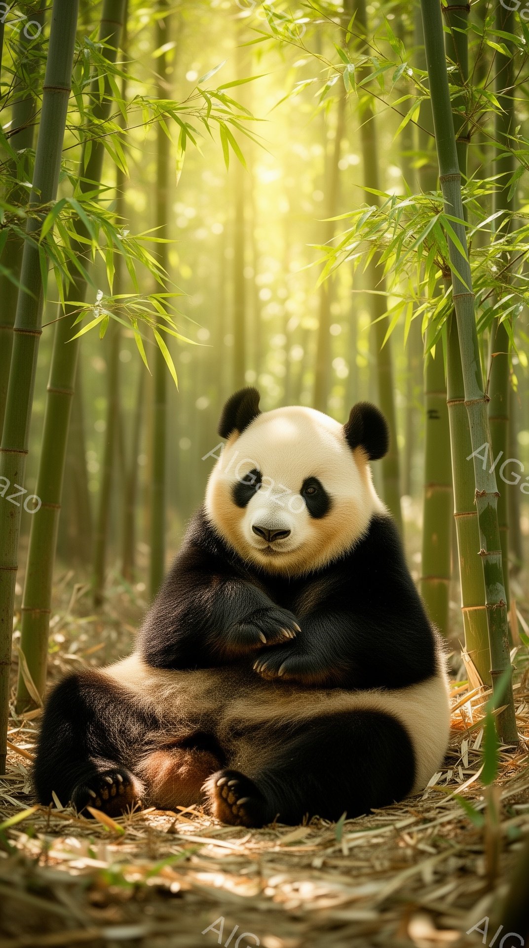 パンダが竹林の中でリラックスして座っています。緑の竹が背景に高くそびえ立ち、柔らかい光が降り注いでいます。穏やかで平和な雰囲気が感じられます。