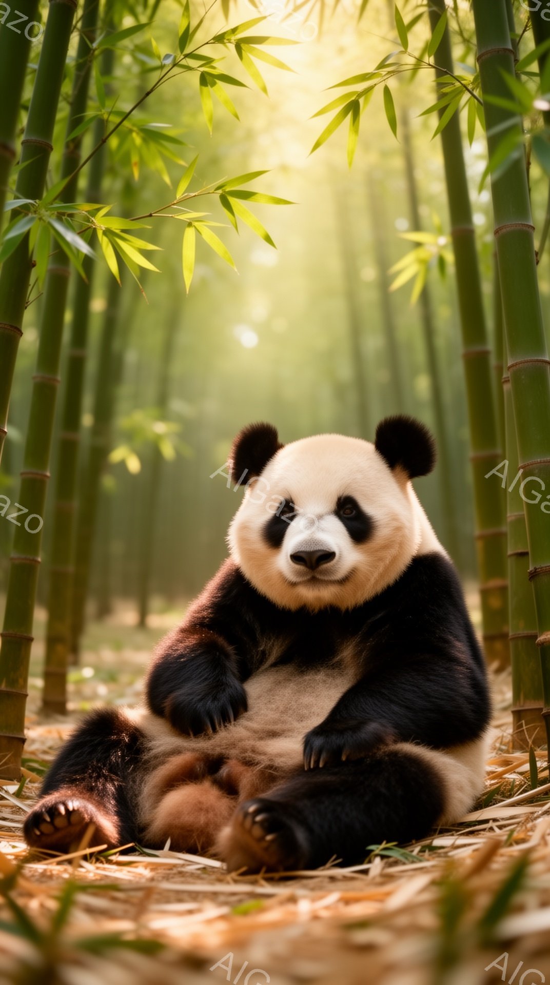 パンダは竹林の中でリラックスして座っています。緑豊かな竹と太陽の光が降り注ぎ、穏やかで平和な雰囲気を作り出しています。丸々とした体と穏やかな表情が可愛らしいです。