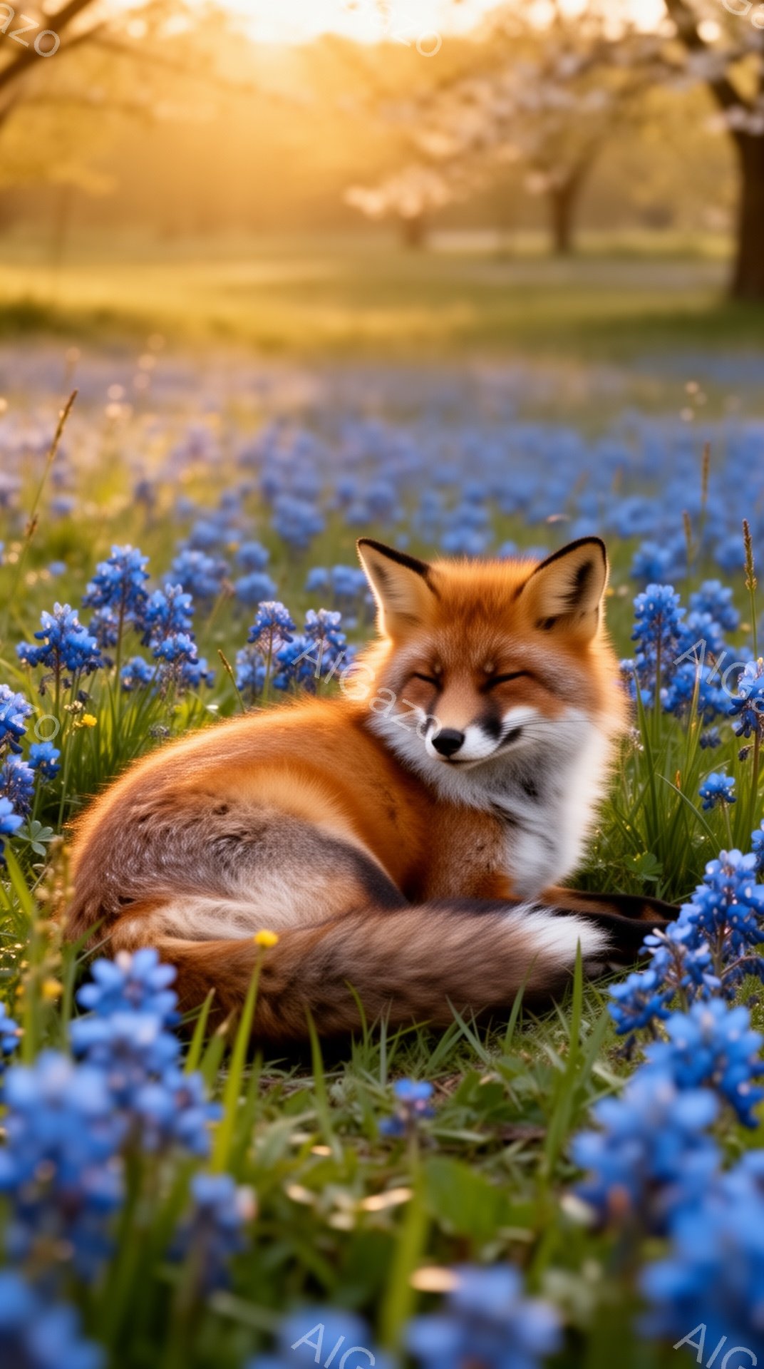 広大な瑠璃色の花畑で、毛並みの美しいキツネが丸まって眠っている。穏やかな日差しがキツネの毛並みを照らし、背景の木々が柔らかな影を落としている。静かで平和な雰囲気の自然の風景だ。 - AI生成フリー素材