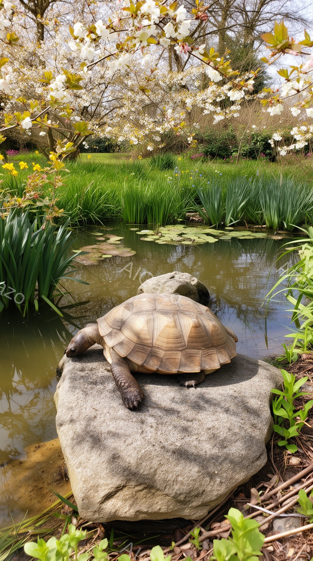 穏やかな春の日、大きな岩の上にカメが佇んでいます。周りには緑豊かな植物が生い茂り、水面には水草が浮かんでいます。背景には桜の木が咲き誇り、春の暖かさと静けさが感じられます。 - AI生成フリー素材