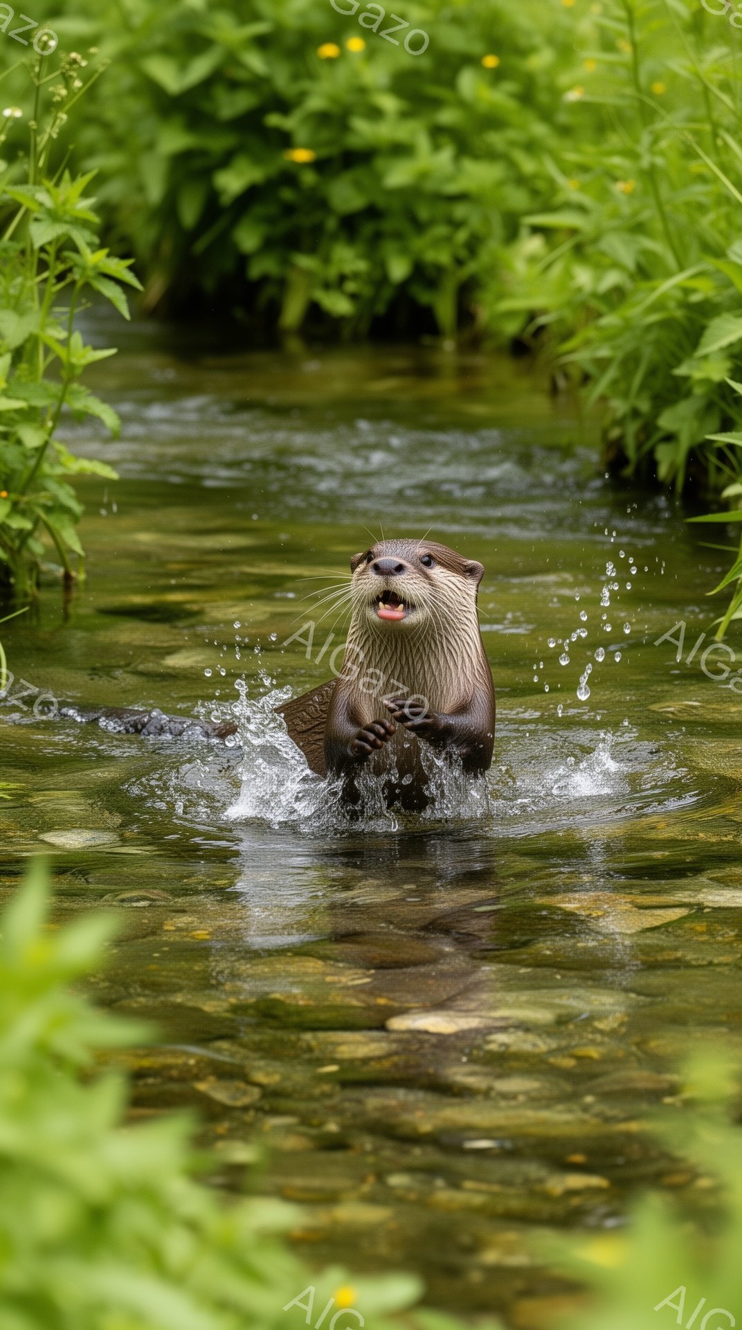 緑豊かな川の中でカワウソが水面から顔を出している。驚いたような表情で口を開け、前足で水を掻いている様子が捉えられている。周囲には緑の植物が生い茂り、水面には水しぶきが飛び散り、生き生きとした自然の雰囲気が感じられる。