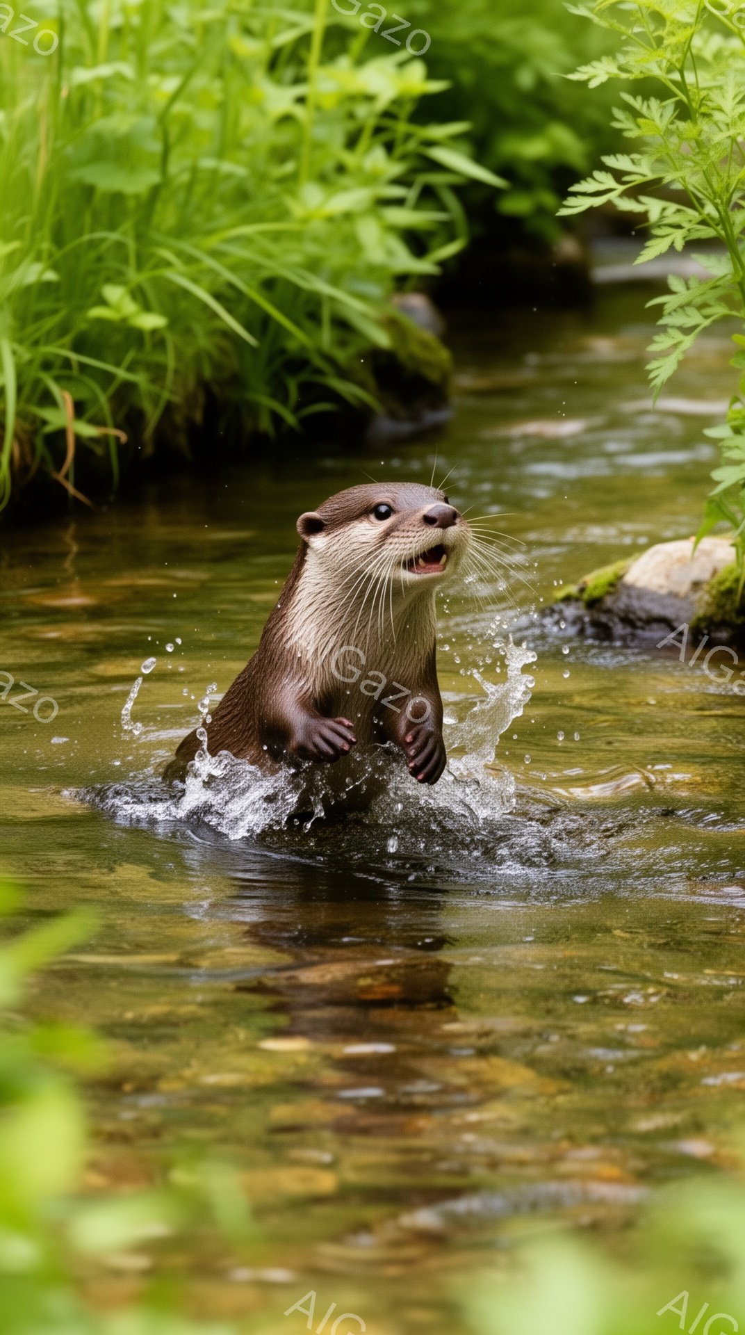 川の中でカワウソが水しぶきをあげて遊んでいます。緑豊かな植物に囲まれ、水面は光に輝き、生き生きとした自然の雰囲気が伝わってきます。カワウソの表情は楽しそうで、とても可愛らしいです。