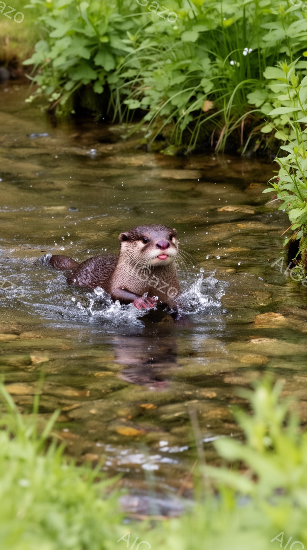 川の中でカワウソが泳いでいる。水面には水しぶきが飛び散り、周囲には緑豊かな植物が生い茂っている。カワウソは楽しそうに水中で進んでいる。
