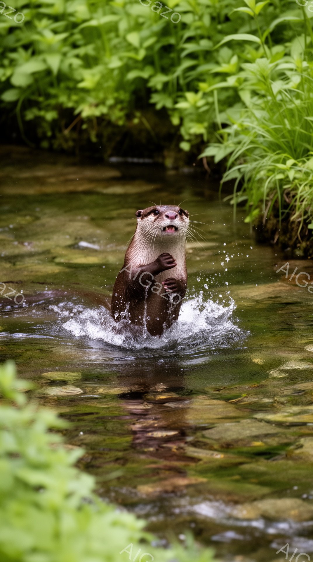 川の中でカワウソが立ち上がっており、前足で何かを抱きかかえているように見える。周囲は緑豊かな植物に囲まれており、水面には水しぶきが飛び散っている。明るい日差しが差し込み、生命力溢れる様子が伝わってくる。
