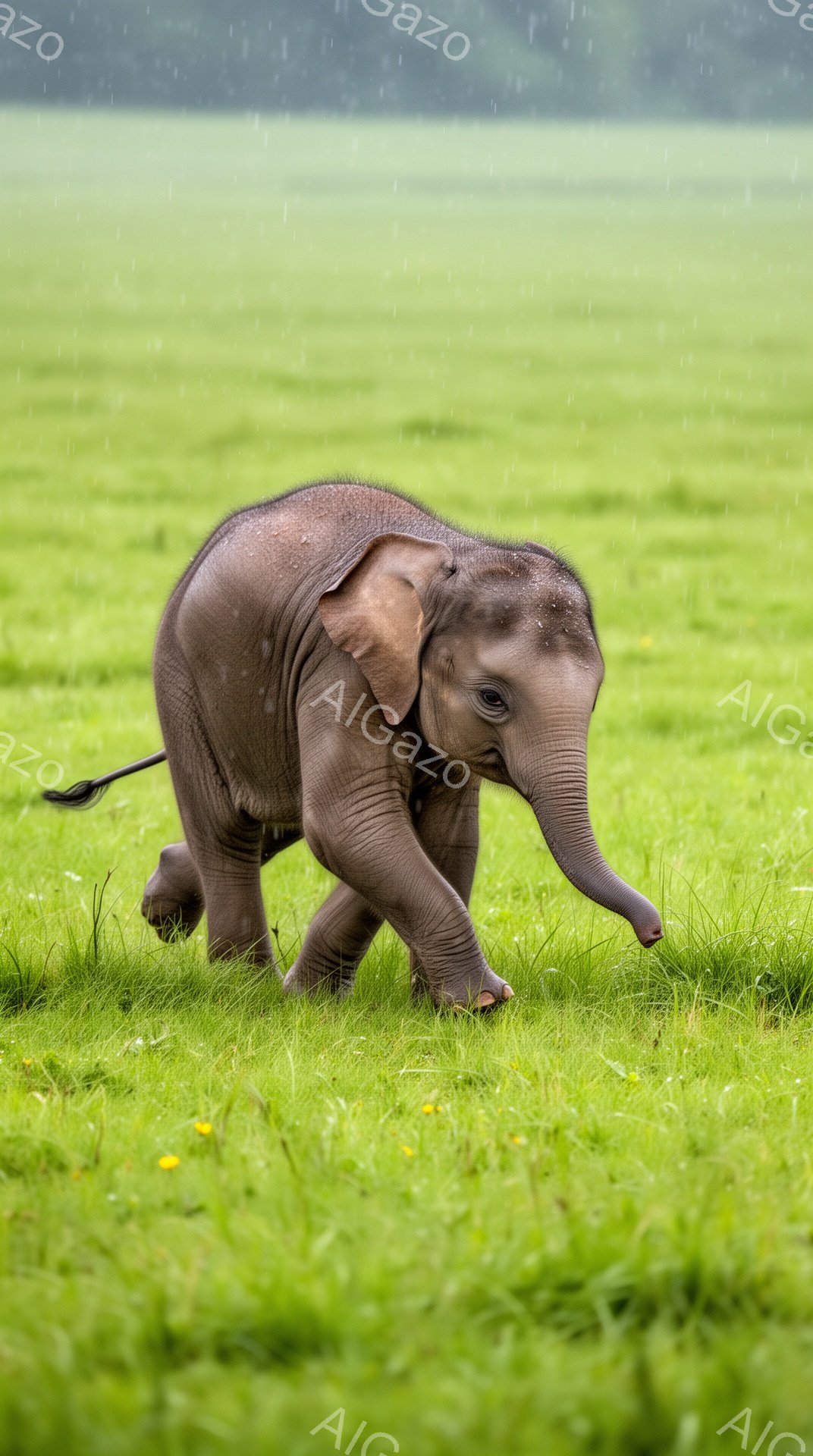 これは若いゾウが緑豊かな草原を歩いている様子を捉えた写真です。雨が降り、地面は濡れています。ゾウは前方に進み、その姿勢は遊び心があり、活発です。