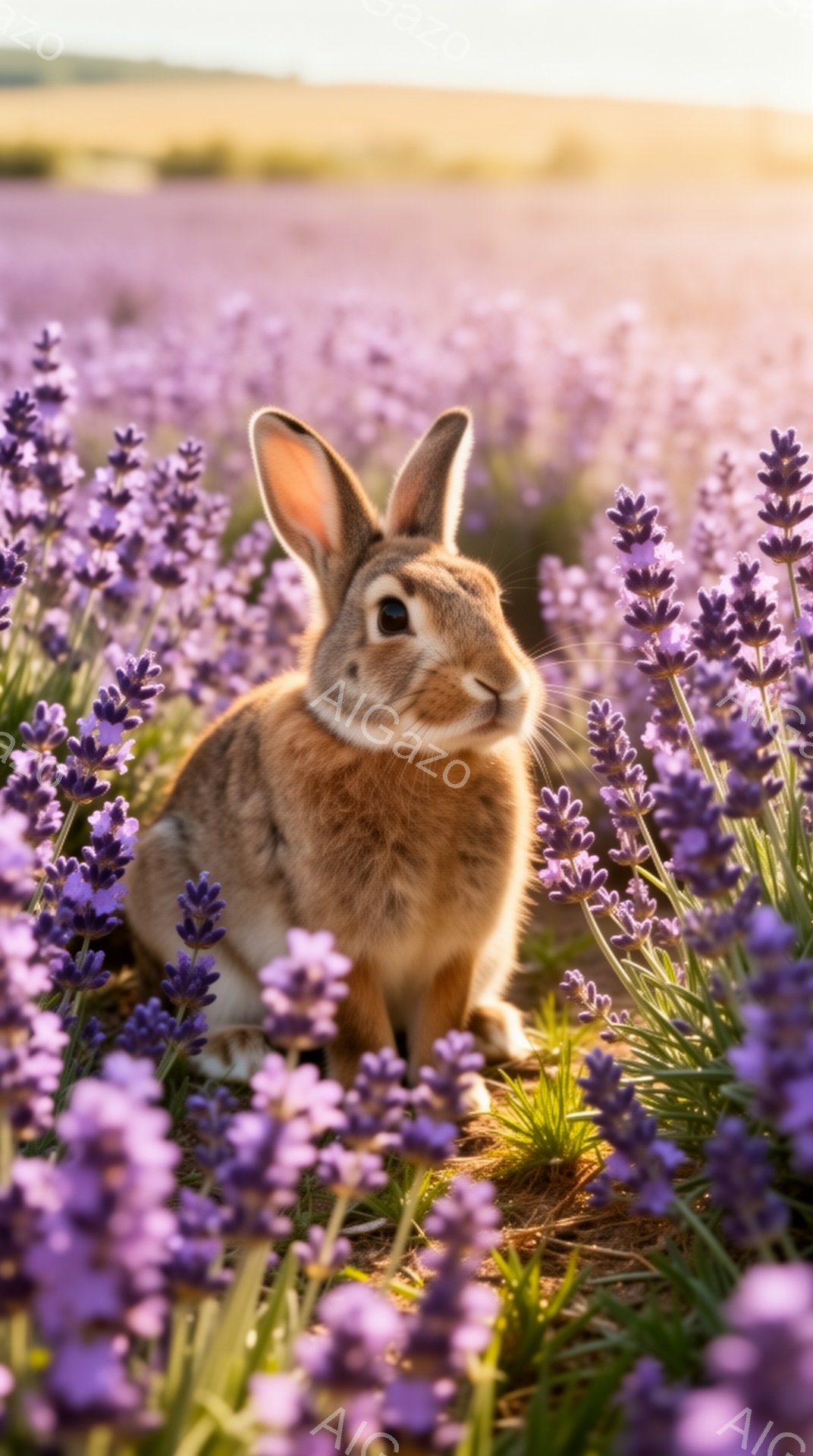 ラベンダー畑の中に、茶色いウサギが座ってこちらを見つめています。背景はぼやけており、黄金色の夕日の中で、穏やかで優しい雰囲気が漂っています。ウサギの毛並みは柔らかそうに見え、その表情は可愛らしいです。