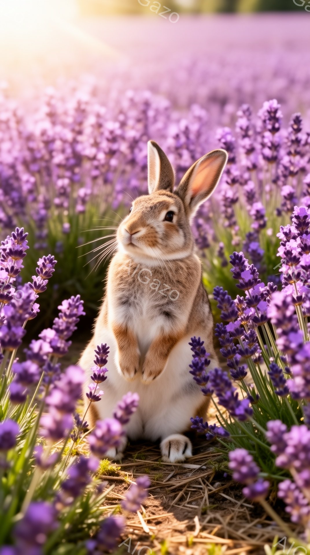 ラベンダー畑に佇む可愛らしいウサギが、前足を組み、こちらを見つめています。紫色の花々とウサギの茶色の毛並みが美しく調和し、穏やかで優しい雰囲気を醸し出しています。背景には柔らかい光が差し込み、幻想的な光景を作り出しています。