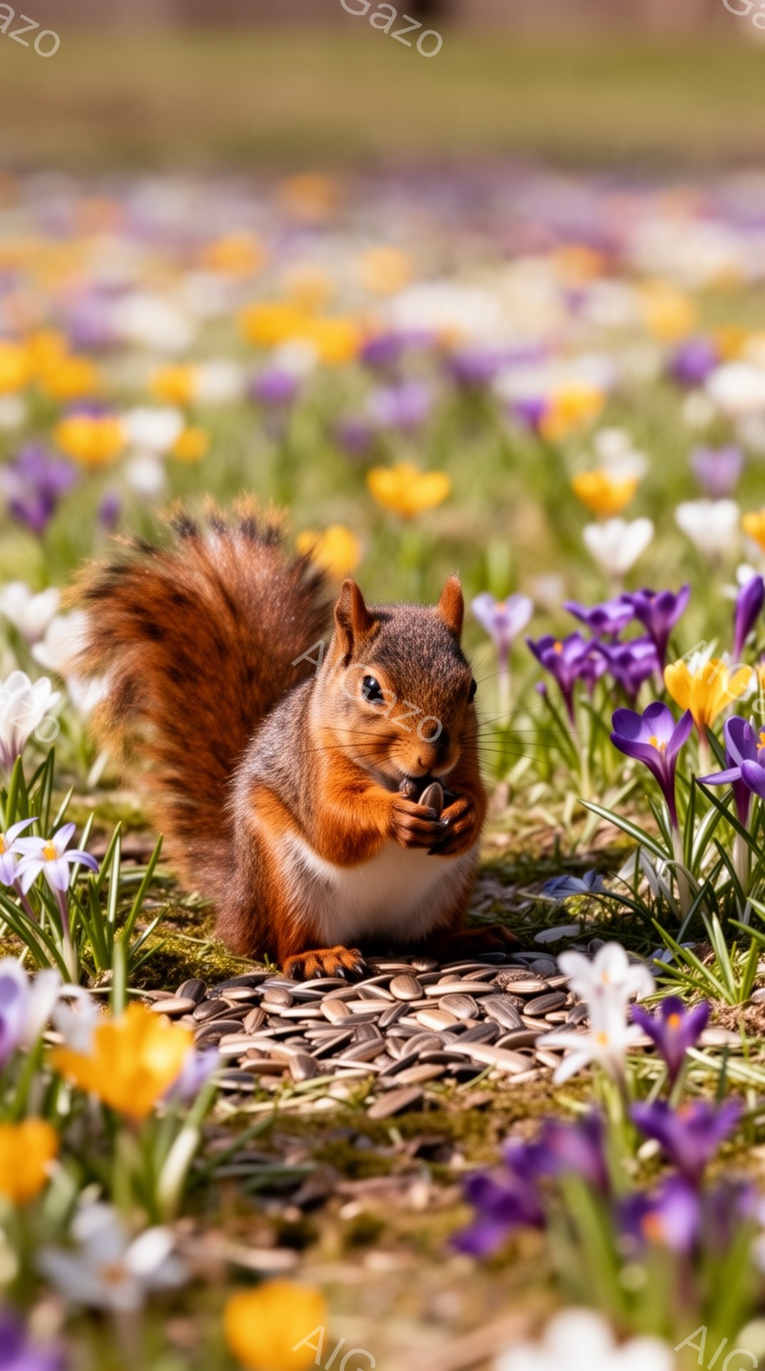 赤褐色のリスが、紫と黄色のクロッカスが咲き乱れる草原で、種を食べている。リスは前の足で種をつまみ、集中した表情で食事を楽しんでいる。背景は花の色で彩られ、春の暖かい雰囲気が伝わってくる。