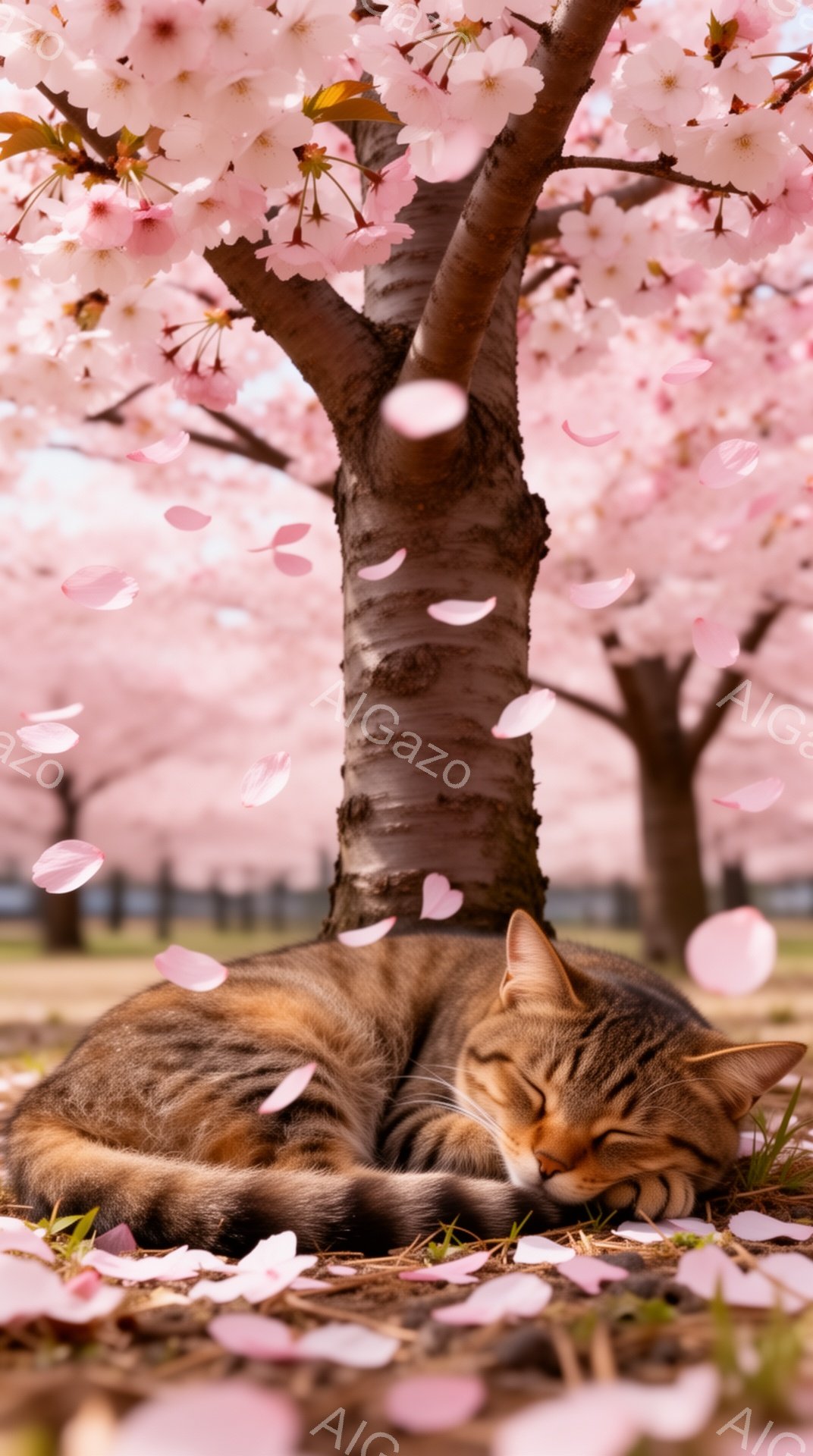 桜の木の下で縞模様の猫が丸まって眠っています。ピンク色の花びらが舞い降りて猫を覆い、穏やかで平和な雰囲気を醸し出しています。春の暖かさと安らぎを感じさせる美しい光景です。 - AI生成フリー素材