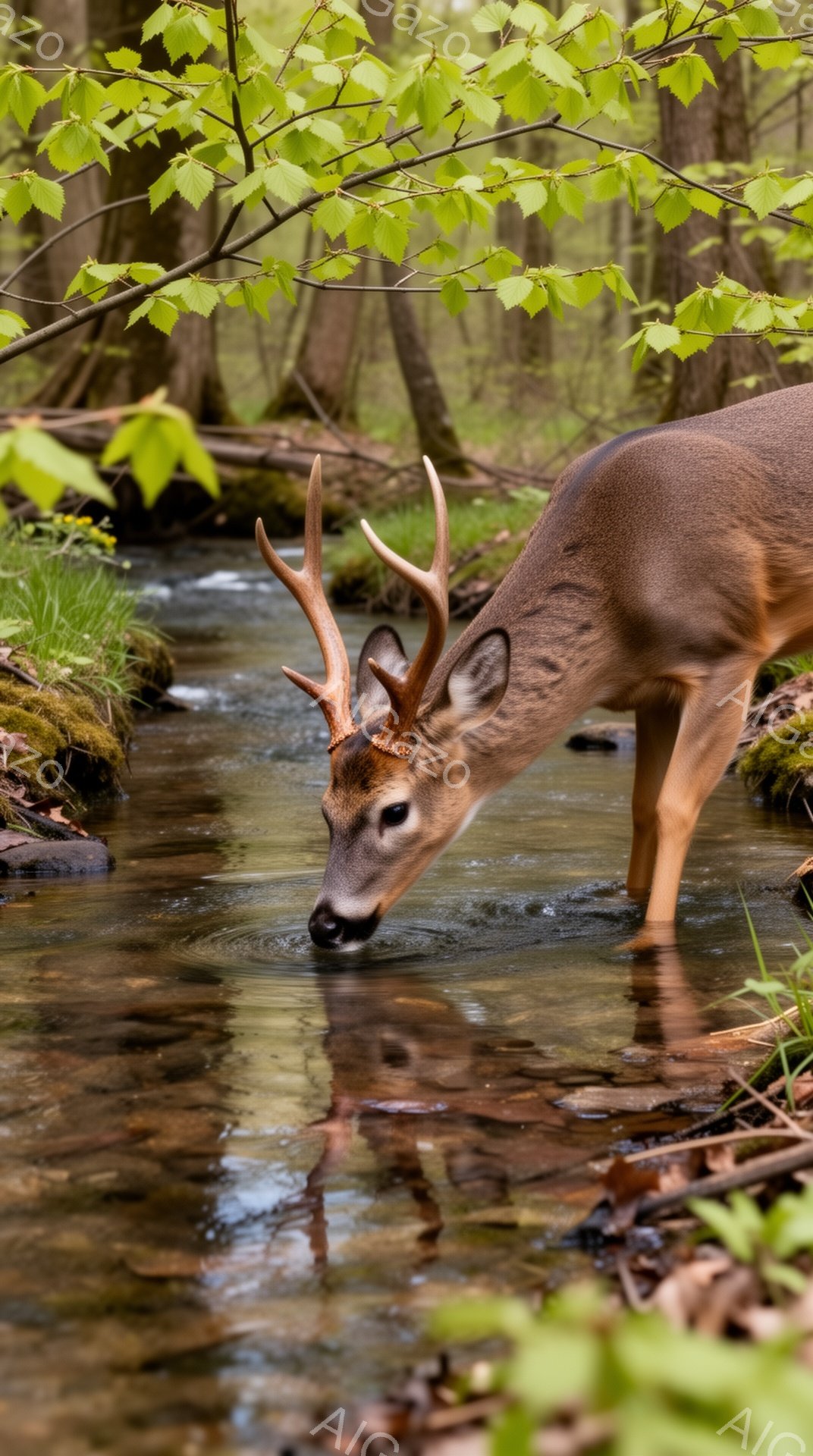 緑豊かな森の中を流れる小川で、雄鹿が頭を下げて水を飲んでいます。周囲には緑が茂り、春の柔らかな光が差し込んでいます。鹿の毛並みや水の流れが、自然の穏やかさを感じさせます。