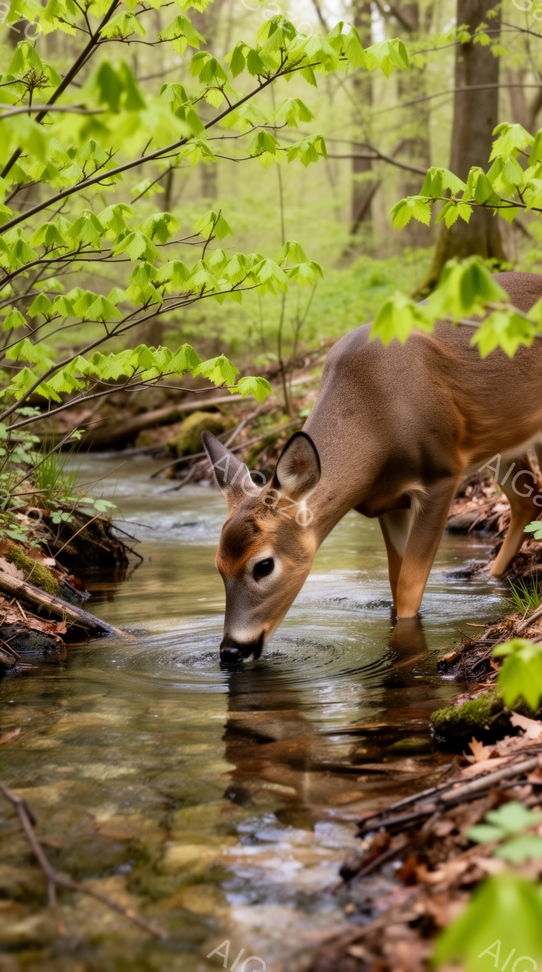 緑豊かな森林の中で、鹿が澄んだ小川で水を飲んでいます。柔らかい日差しが木々の葉を照らし、穏やかで平和な雰囲気を作り出しています。鹿の姿は自然と調和し、静けさの中に生命の息吹を感じさせます。