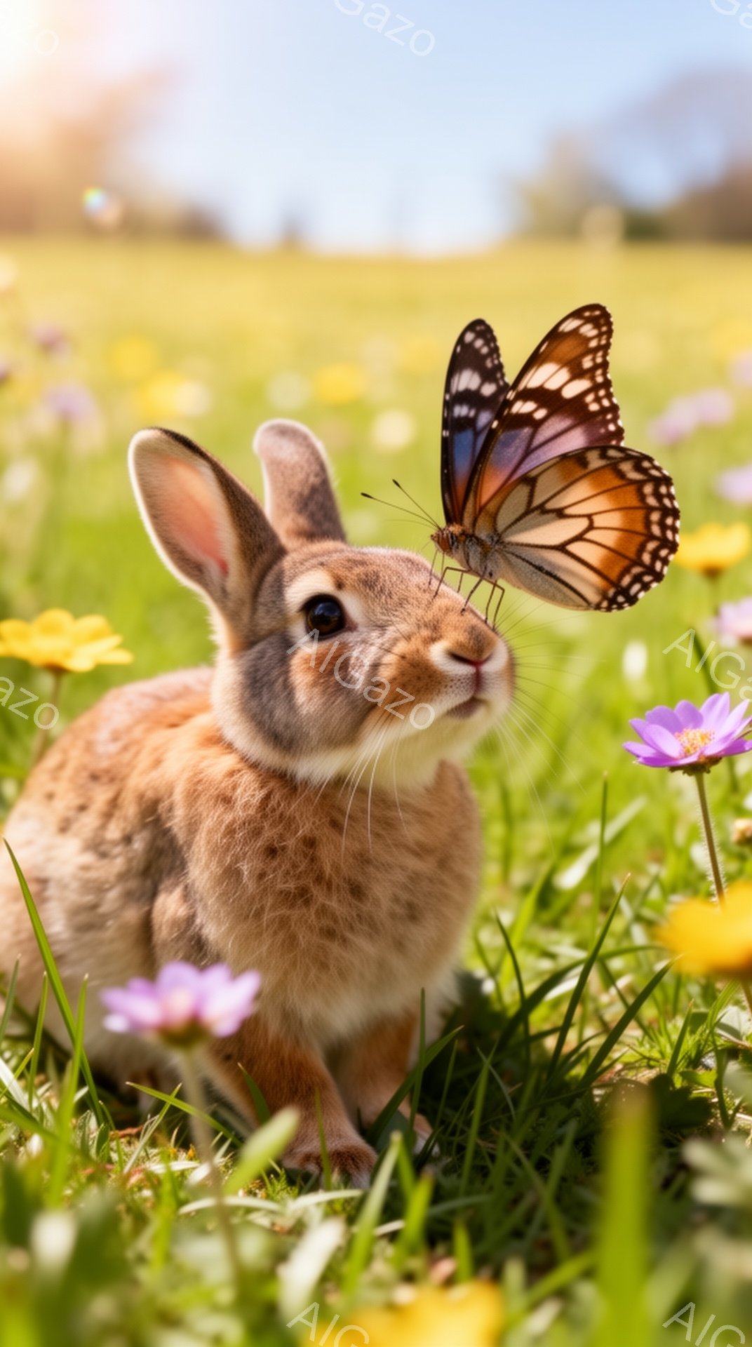 緑の草原で、かわいらしい茶色のウサギが正面を見つめています。ウサギの鼻の上には、鮮やかなオレンジと黒の模様を持つ蝶がとまっており、穏やかで美しい瞬間を捉えています。背景には黄色や紫の花が咲き乱れ、春の - AI生成フリー素材