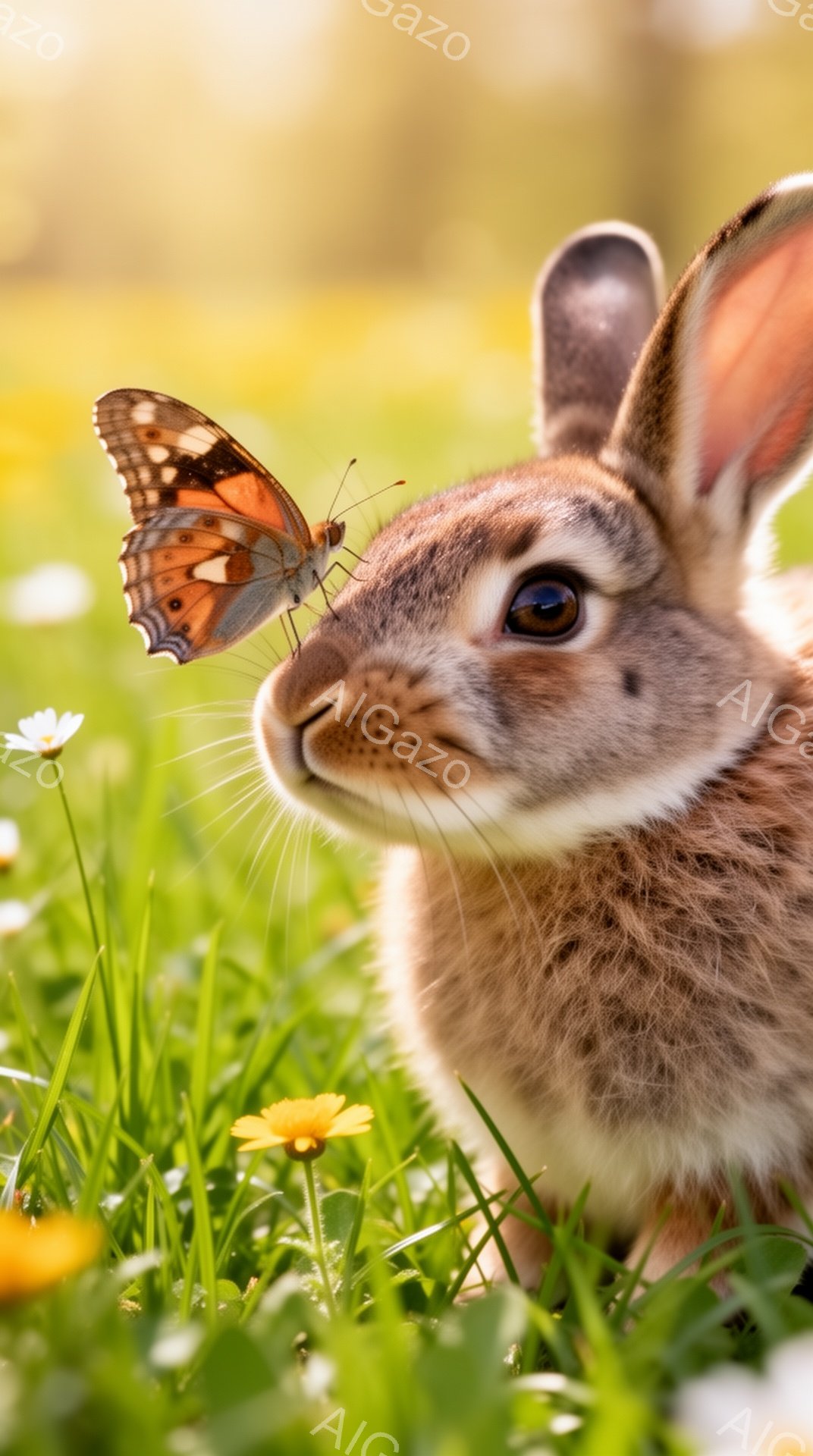 緑豊かな草原の中で、かわいらしい茶色のウサギが正面を見つめています。ウサギの鼻の上には鮮やかなオレンジ色の蝶がとまっており、まるで友達のようです。背景には黄色や白の花が咲き乱れ、春の暖かな雰囲気が漂っ - AI生成フリー素材