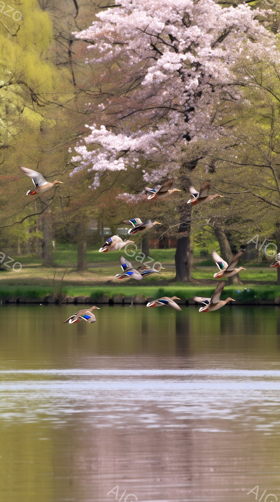 桜並木の上をマガモの群れが飛んでいる。水面は穏やかで、春の暖かな日差しが降り注ぎ、花びらが舞っている。平和で穏やかな春の風景が目に浮かぶ。