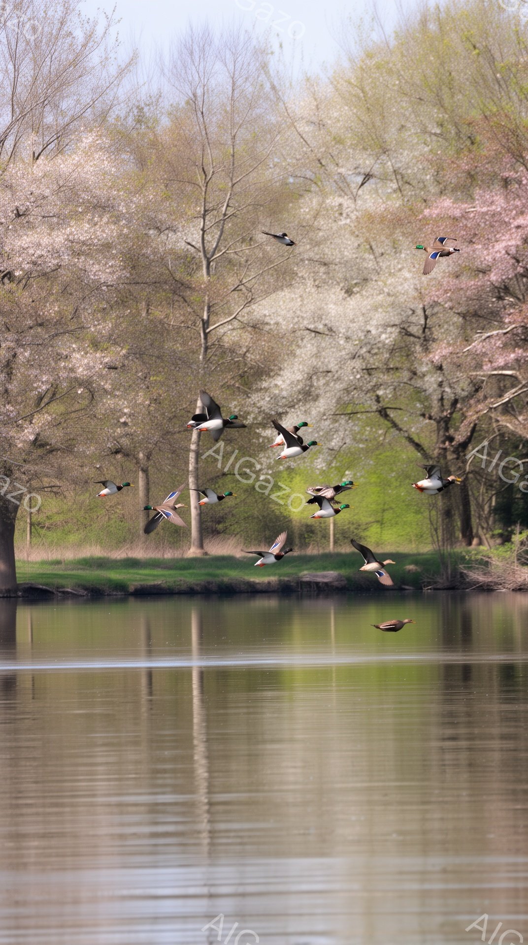 穏やかな湖面を数羽のカモが飛び交っている。背景には桜が咲き誇り、春の暖かさと生命力を感じさせる。水面に映るカモと桜のコントラストが美しい風景を作り出している。 - AI生成フリー素材