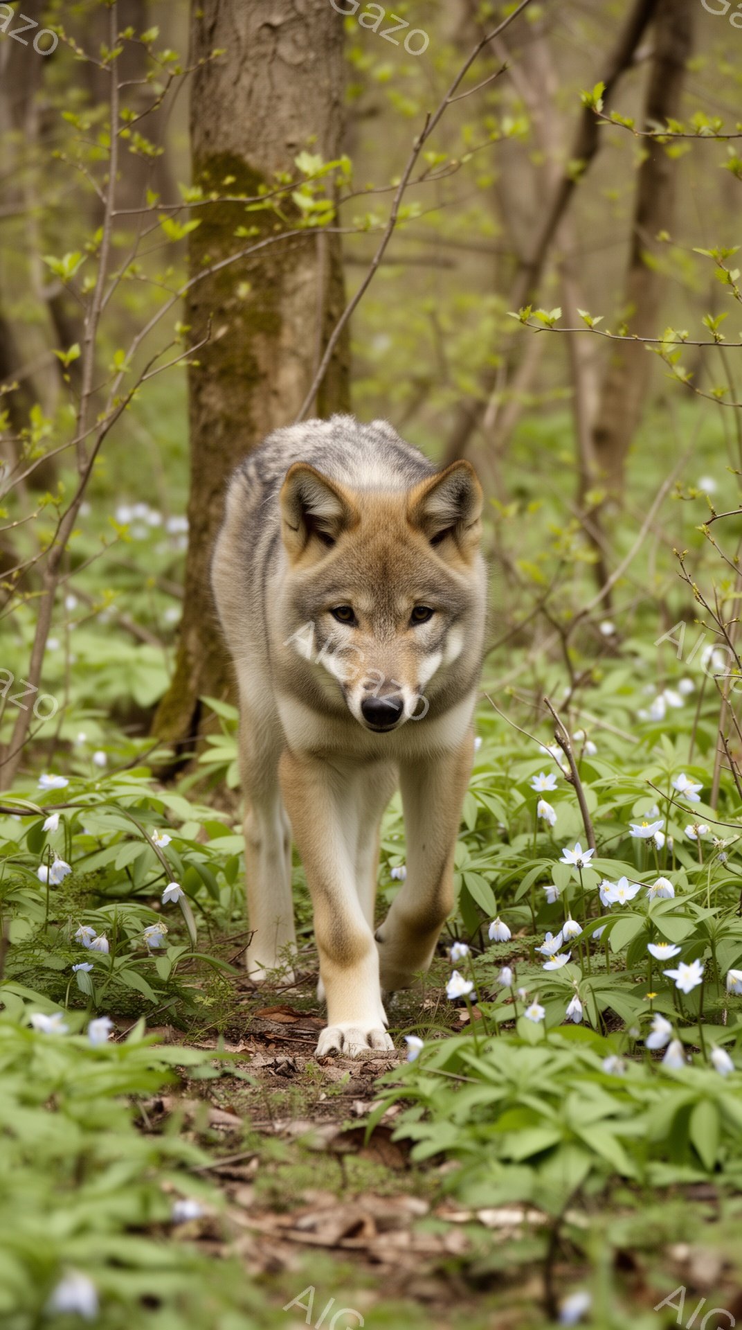 オオカミが緑豊かな森の中を歩いている。背景には白い花が咲き乱れ、春の柔らかな光が差し込んでいる。オオカミは前方をまっすぐ見つめ、静かで強い存在感を放っている。