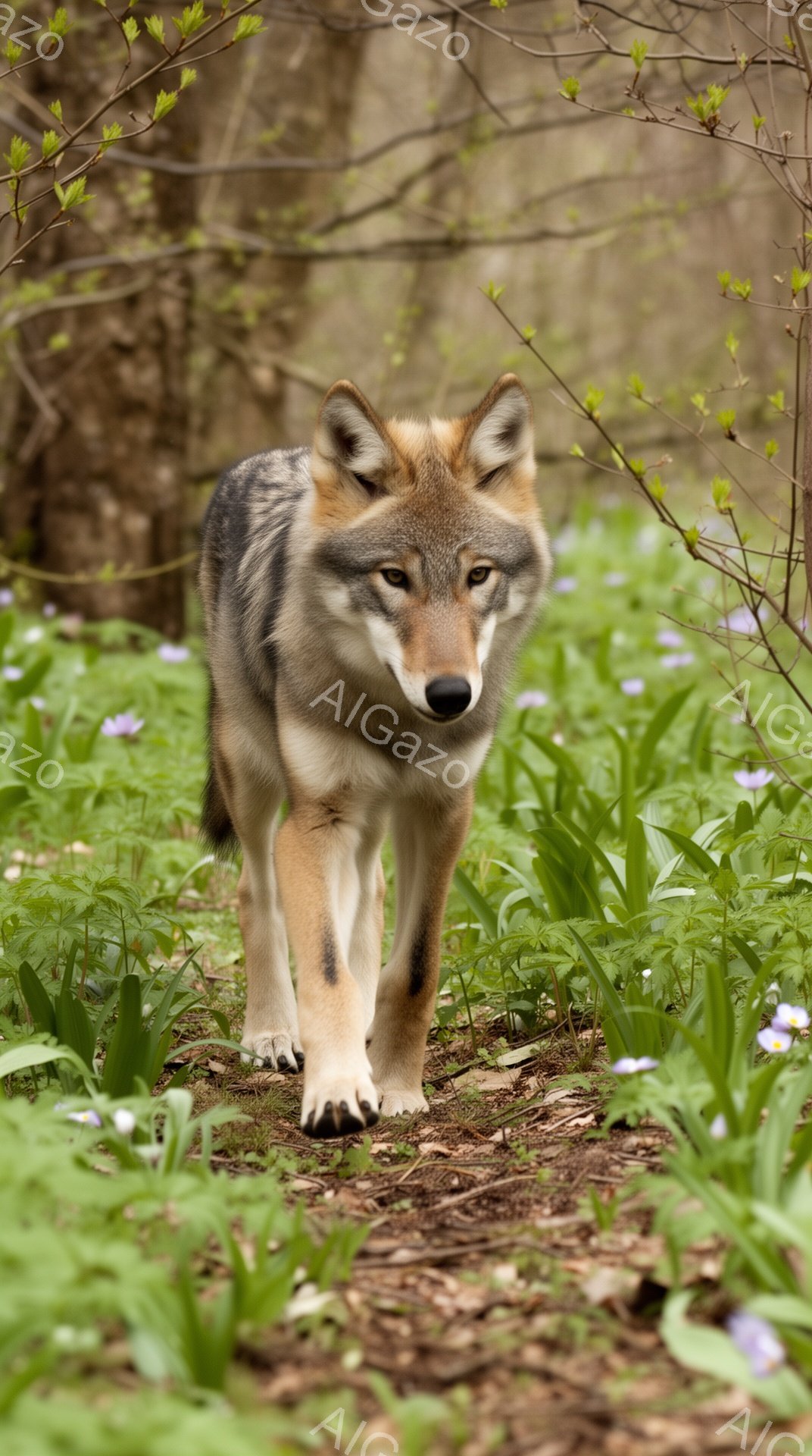 緑豊かな森の中で、美しい灰色のオオカミが歩いている。紫色の花が咲き乱れる地面をゆっくりと進み、どこか寂しげで鋭い眼差しをこちらに向けている。春の暖かな日差しが差し込み、穏やかな雰囲気を醸し出している。 - AI生成フリー素材