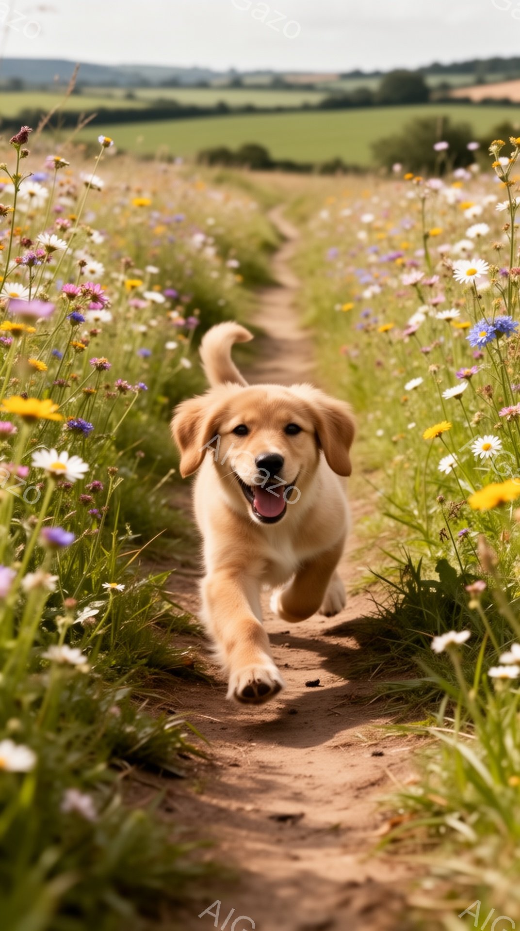 広大な花畑の中を、ゴールデンレトリバーの子犬が楽しそうに駆けている。鮮やかな花々が咲き乱れる道で、子犬は口を開けて笑顔を見せ、躍動感にあふれた瞬間を捉えている。背景には緑の牧草地が広がり、平和で幸せな雰囲気が漂っている。