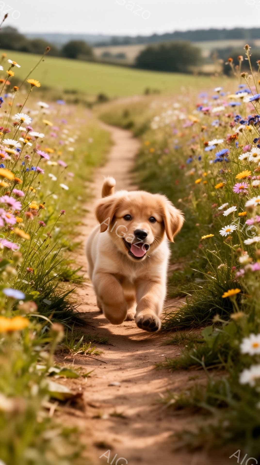 広大な草原の小道の中を、小さなゴールデンレトリバーの子犬が楽しそうに駆け抜けている。鮮やかな野花が咲き乱れ、子犬の周りを彩り、暖かく幸福な雰囲気を醸し出している。子犬は口を開けて笑顔で、生き生きとした - AI生成フリー素材