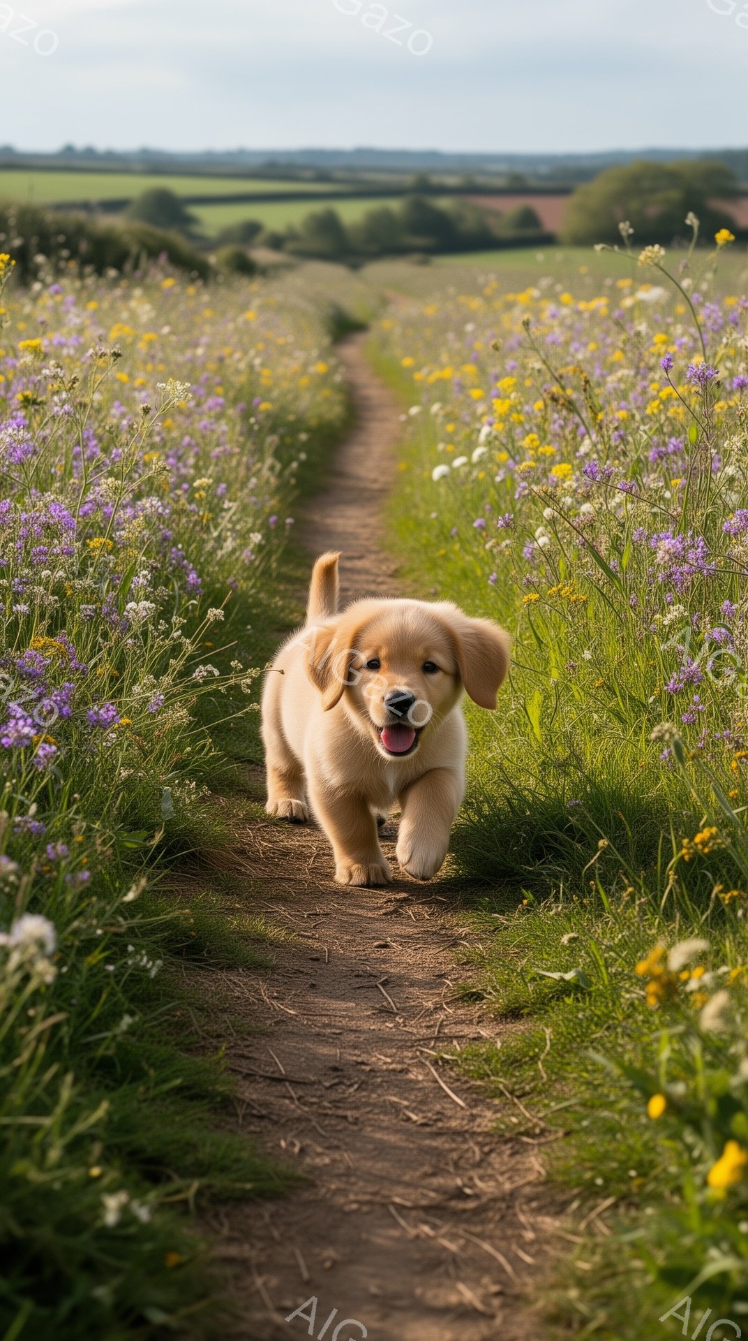 黄金色の毛並みの子犬が、紫と白の花々が咲き乱れる草原の小道の中を嬉しそうに駆けている。太陽の光が降り注ぎ、明るく穏やかな雰囲気が漂っている。春または夏の暖かい日差しの中で、自然の中で楽しむ愛らしい光景 - AI生成フリー素材