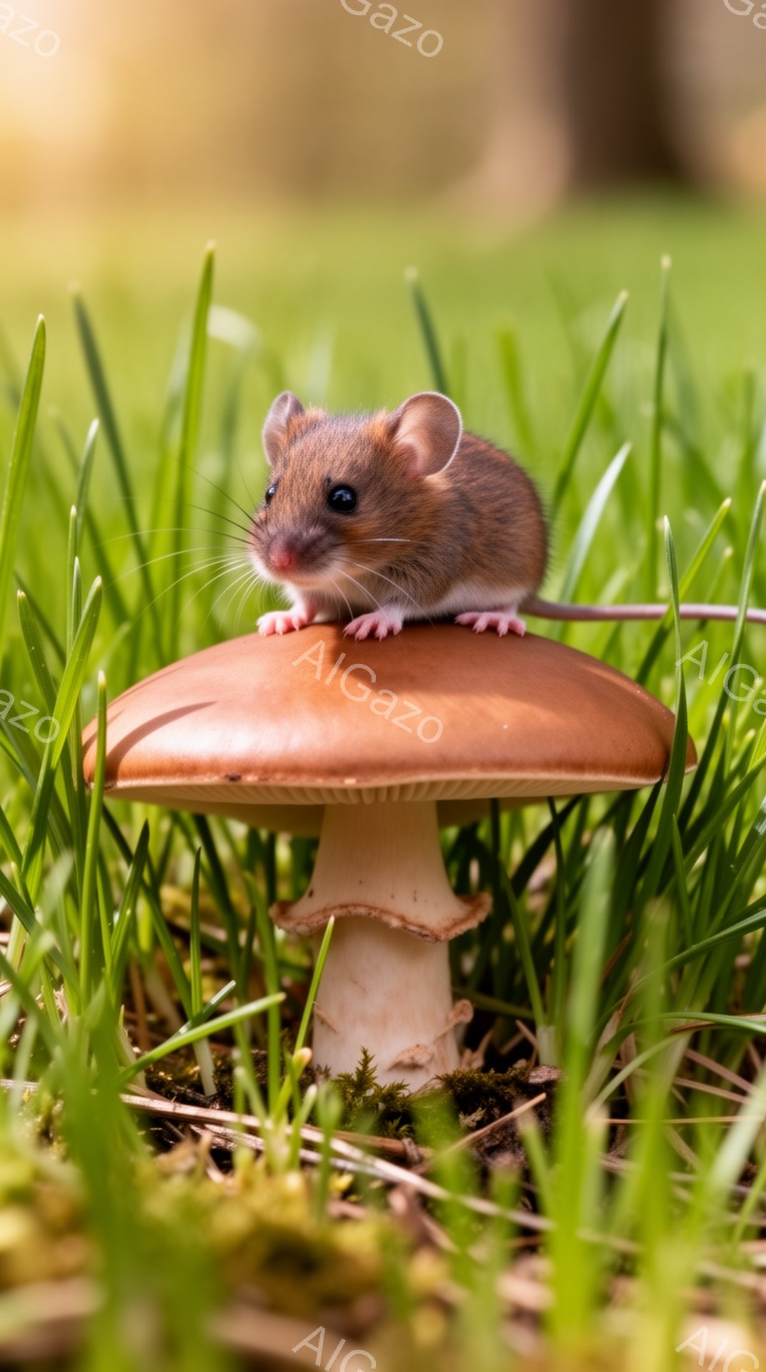 緑の草の中に、キノコの上に乗っている小さなネズミがいます。ネズミは小さな前足でキノコにしがみつき、好奇心旺盛な表情で周囲を見回しています。背景の緑は鮮やかで、自然な雰囲気を醸し出しています。