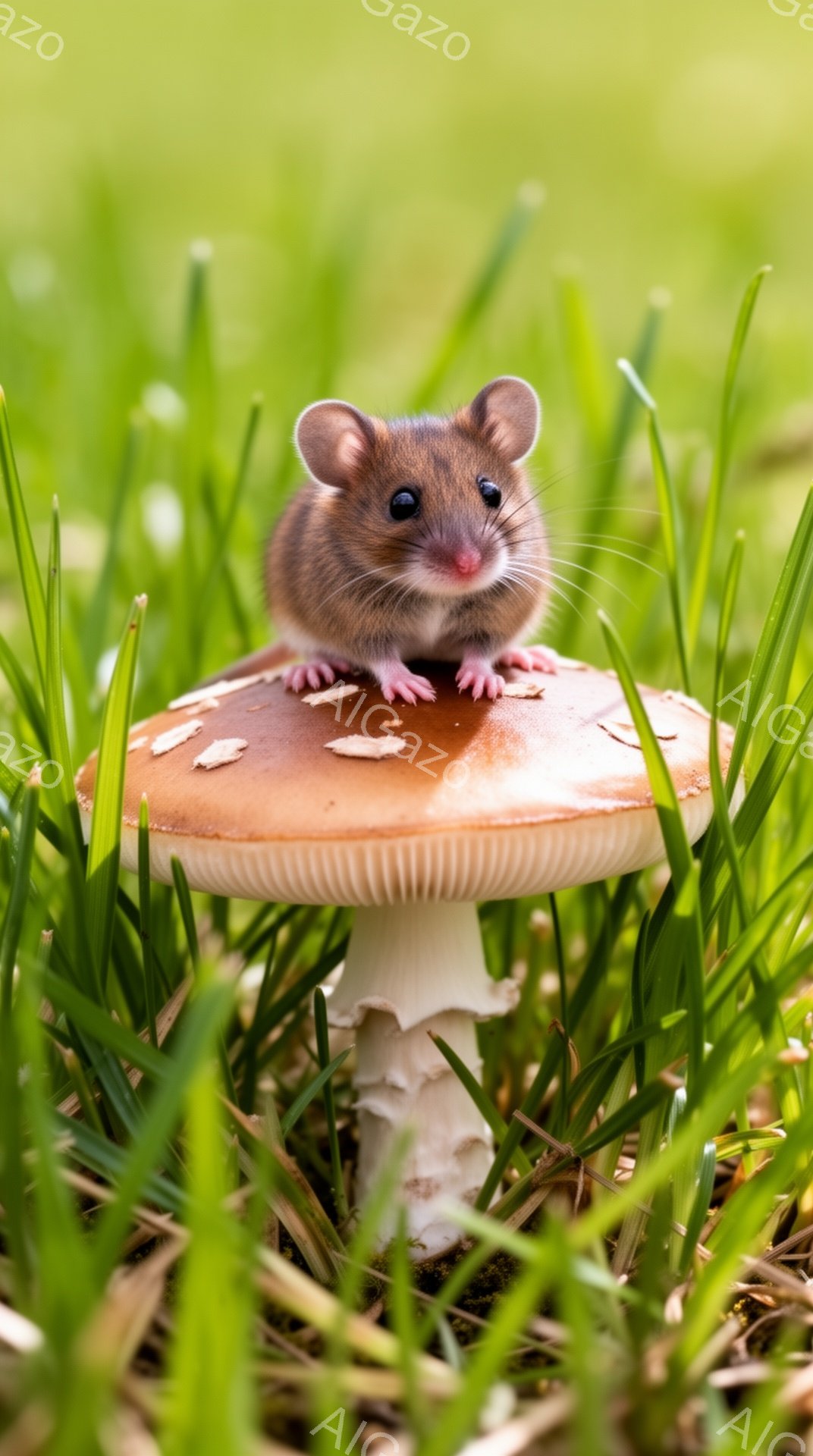 緑の草の上にキノコが立っており、その上に小さなネズミが立っています。ネズミは前足をキノコの上に置き、好奇心旺盛な表情でこちらを見ています。鮮やかな緑とキノコの赤色が印象的な、可愛らしい光景です。