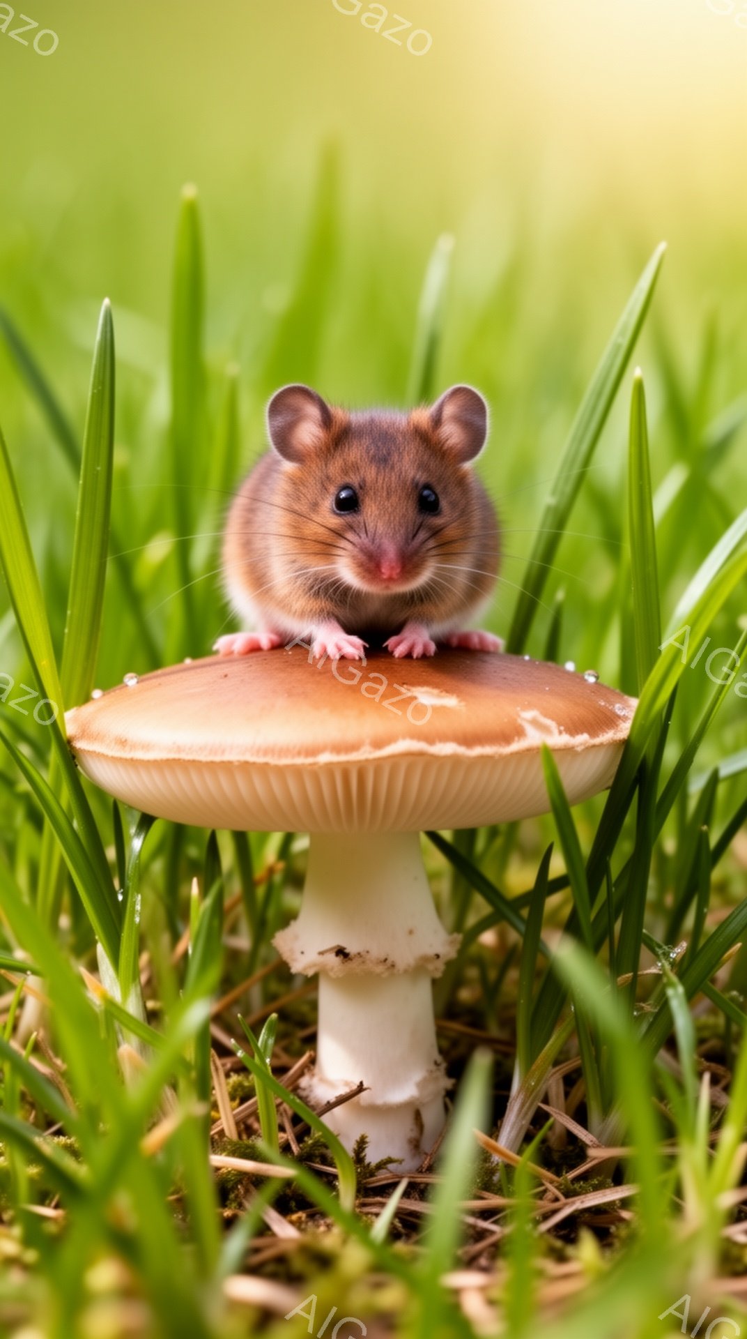 緑の草むらの中に、キノコの笠の上に小さなネズミが立っています。ネズミは前足でキノコに掴まり、好奇心旺盛な表情でこちらを見つめています。背景にはぼやけた緑の葉っぱが広がり、穏やかで自然な雰囲気が漂っています。