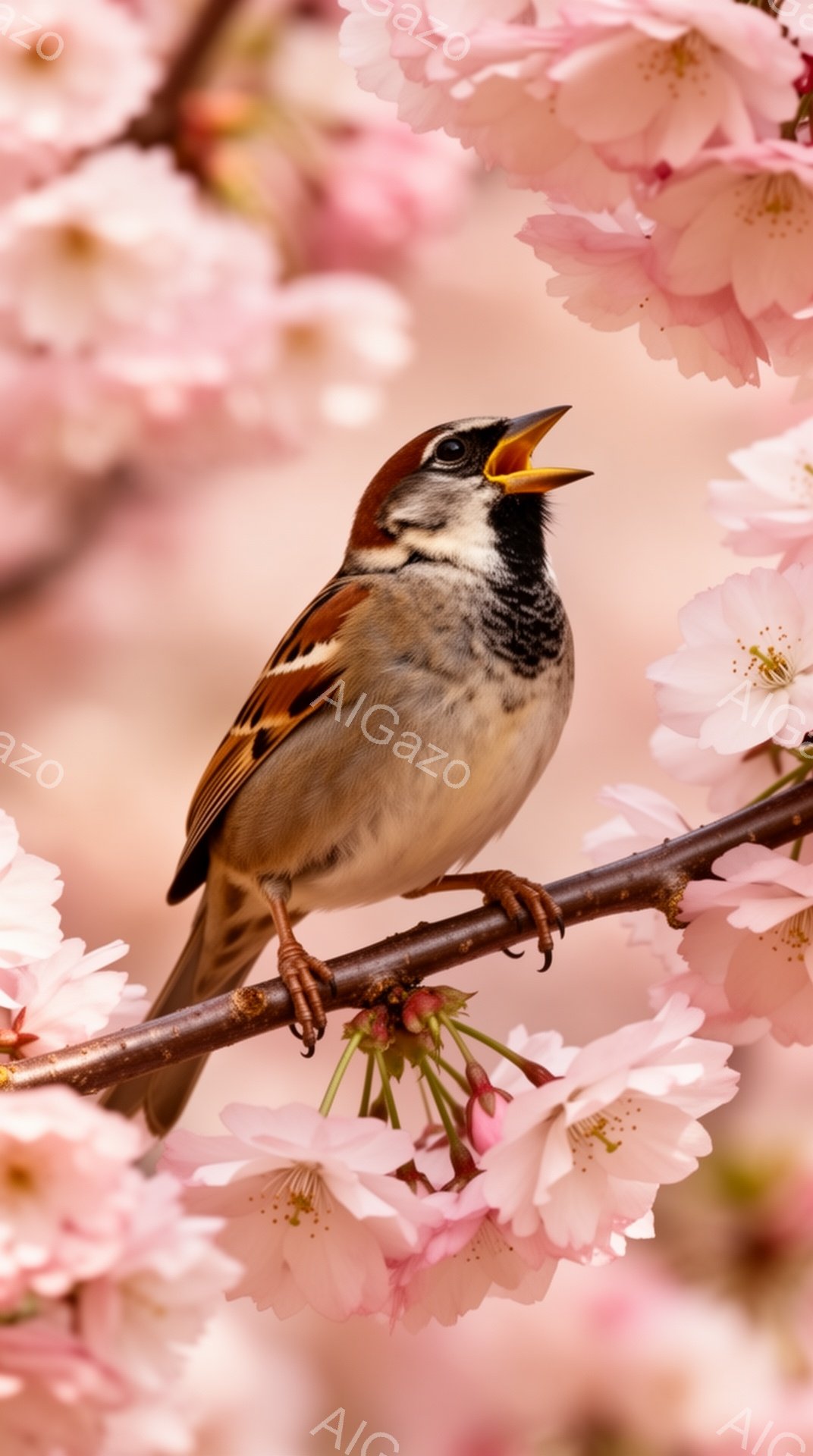 桜の枝に留まっている雀が口を開けて鳴いている。背景は淡いピンク色の桜の花で満たされ、春の暖かさと生命力を感じさせる。雀の羽の色は茶色と白で、桜の美しさを引き立てている。 - AI生成フリー素材
