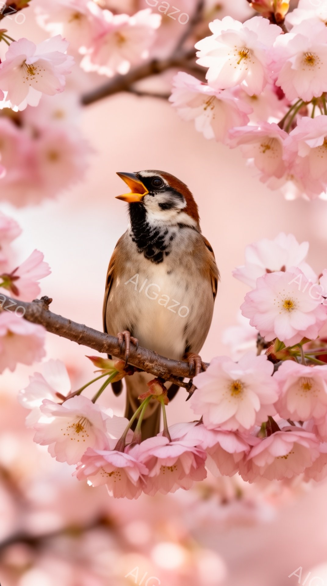 桜の枝にとまっているスズメが、口を開けて歌っている。背景は淡いピンク色の桜の花で満たされ、春の穏やかな雰囲気が漂う。鳥の茶色い羽と桜の優しい色彩が調和し、美しい対比を生み出している。 - AI生成フリー素材
