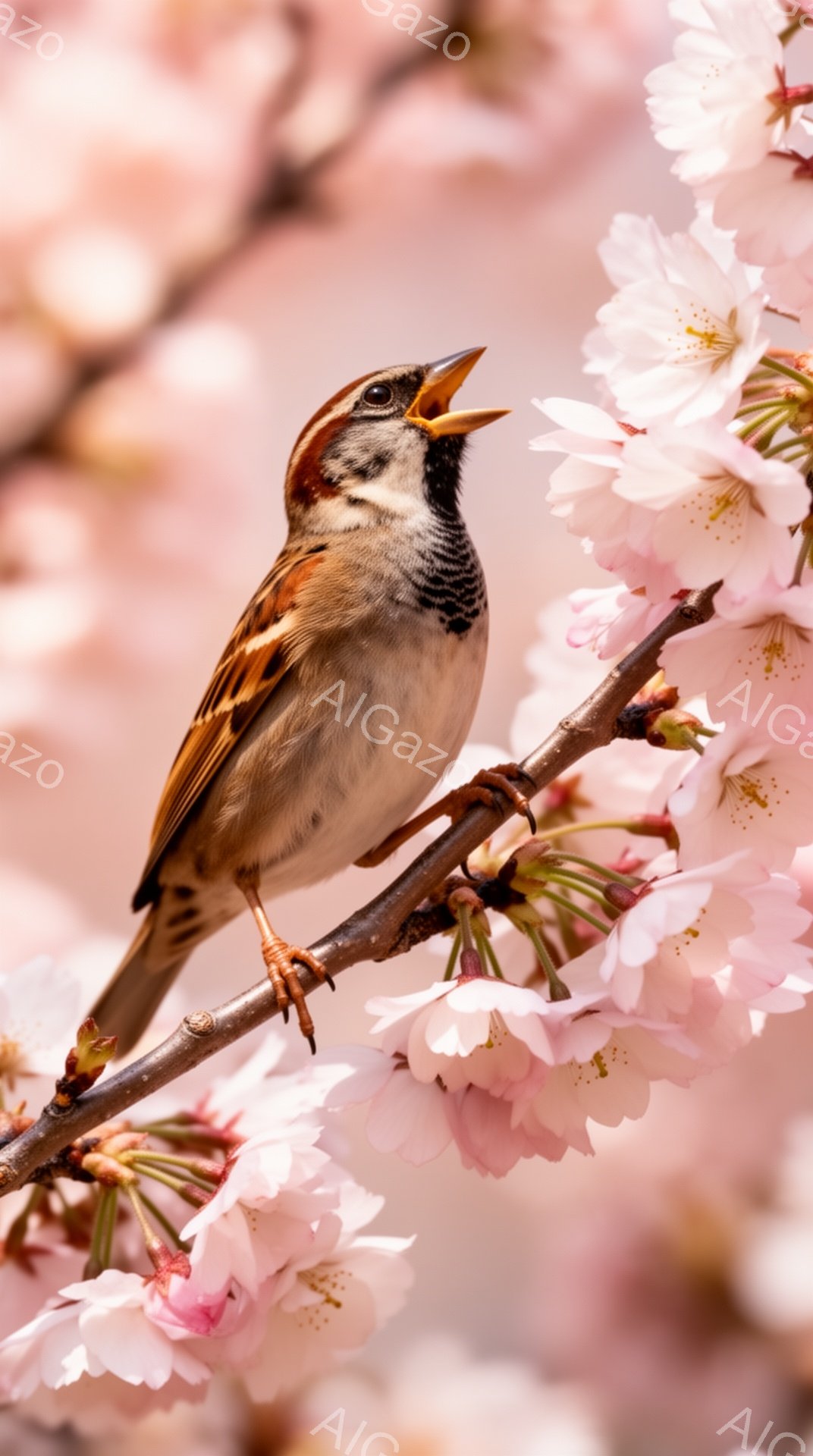 桜の枝にとまっている雀が、口を開けて歌っている。柔らかいピンク色の花びらが背景を彩り、春の暖かさを感じさせる。鳥の羽は鮮やかな色合いで、生き生きとしている。