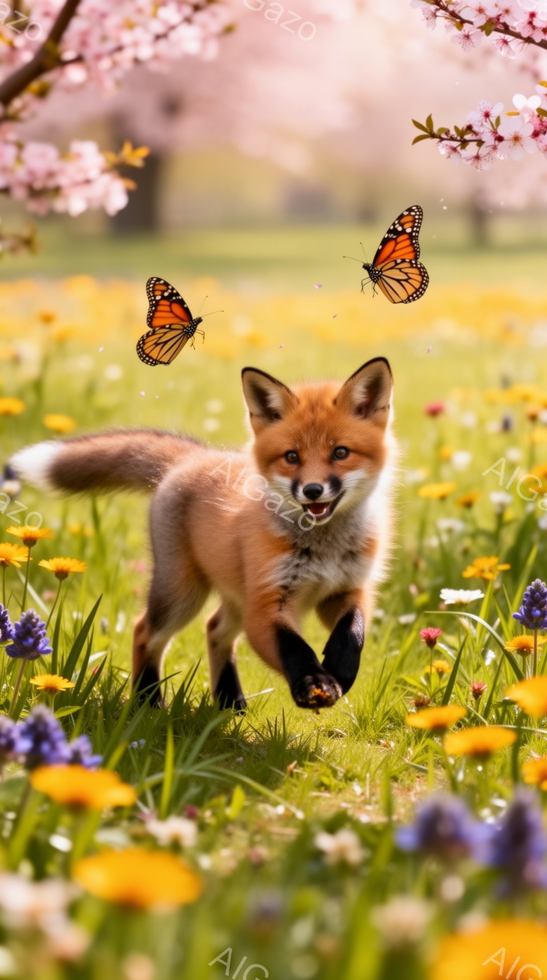 明るい緑の草原で、かわいらしい子ギツネが元気いっぱいに駆け抜けている。周りには黄色や紫の小さな花々が咲き乱れ、蝶が舞っている。春の暖かく穏やかな雰囲気が感じられる。 - AI生成フリー素材