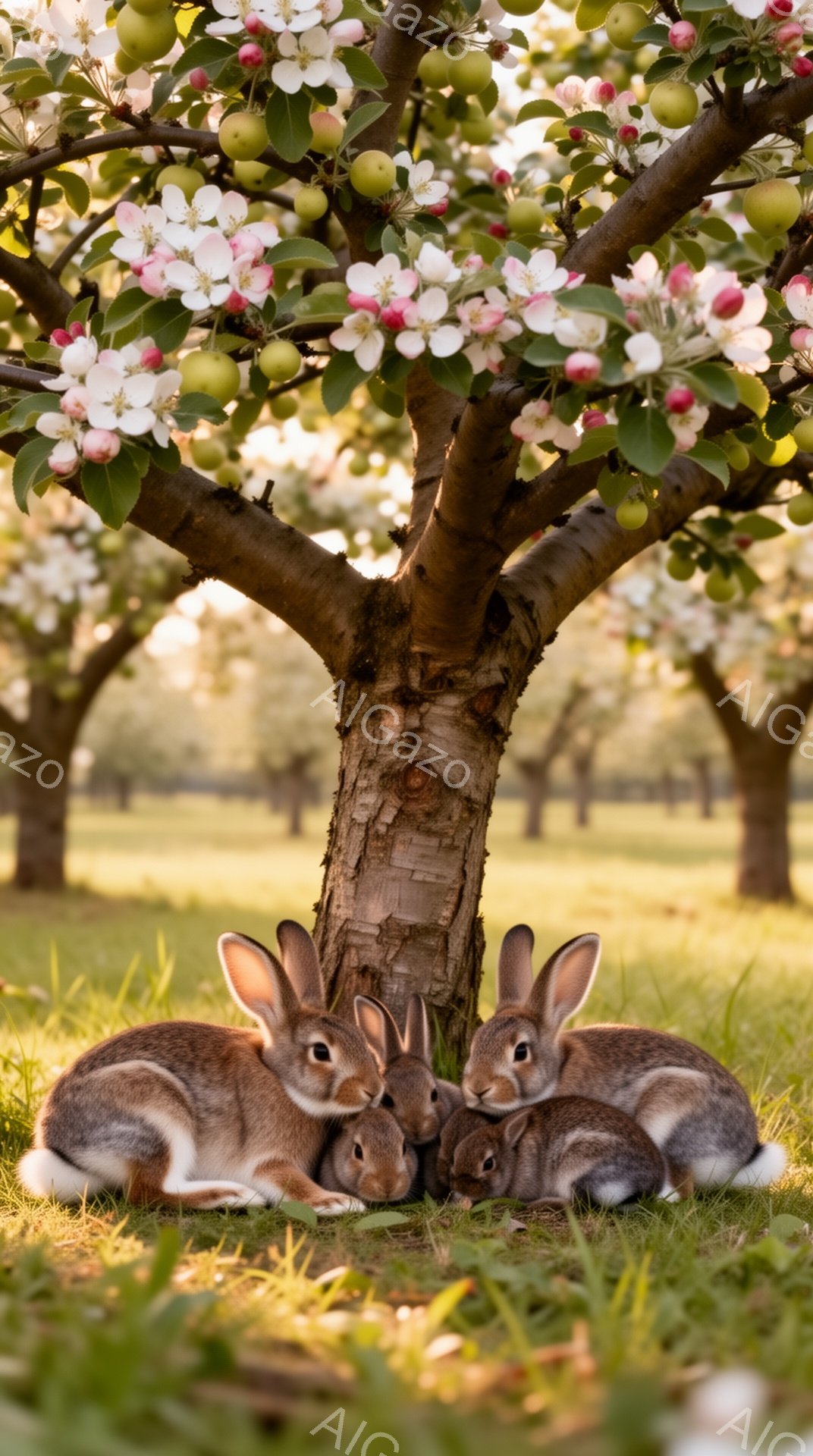 暖かく穏やかな春の日に、複数のウサギがリンゴの木の根元に集まっている。背景には他の木々がぼんやりと見え、柔らかな光が全体を包み込んでいる。ウサギたちはリラックスした様子で、平和で牧歌的な雰囲気を醸し出している。