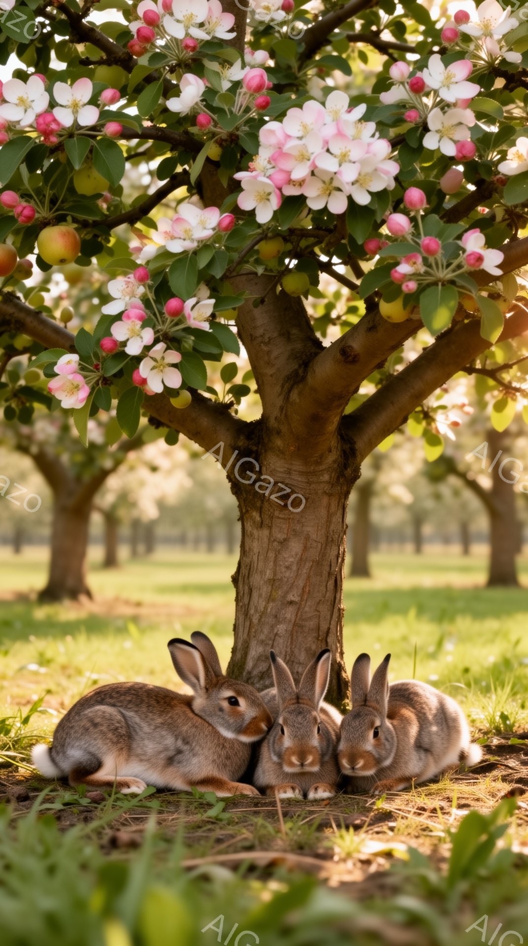 桜の木の根元に三匹のウサギが寄り添って座っています。暖かく柔らかい光が差し込み、背景にはぼんやりとした他の木々が見えます。春の穏やかな日差しの中で、平和で幸せな雰囲気が漂っています。 - AI生成フリー素材