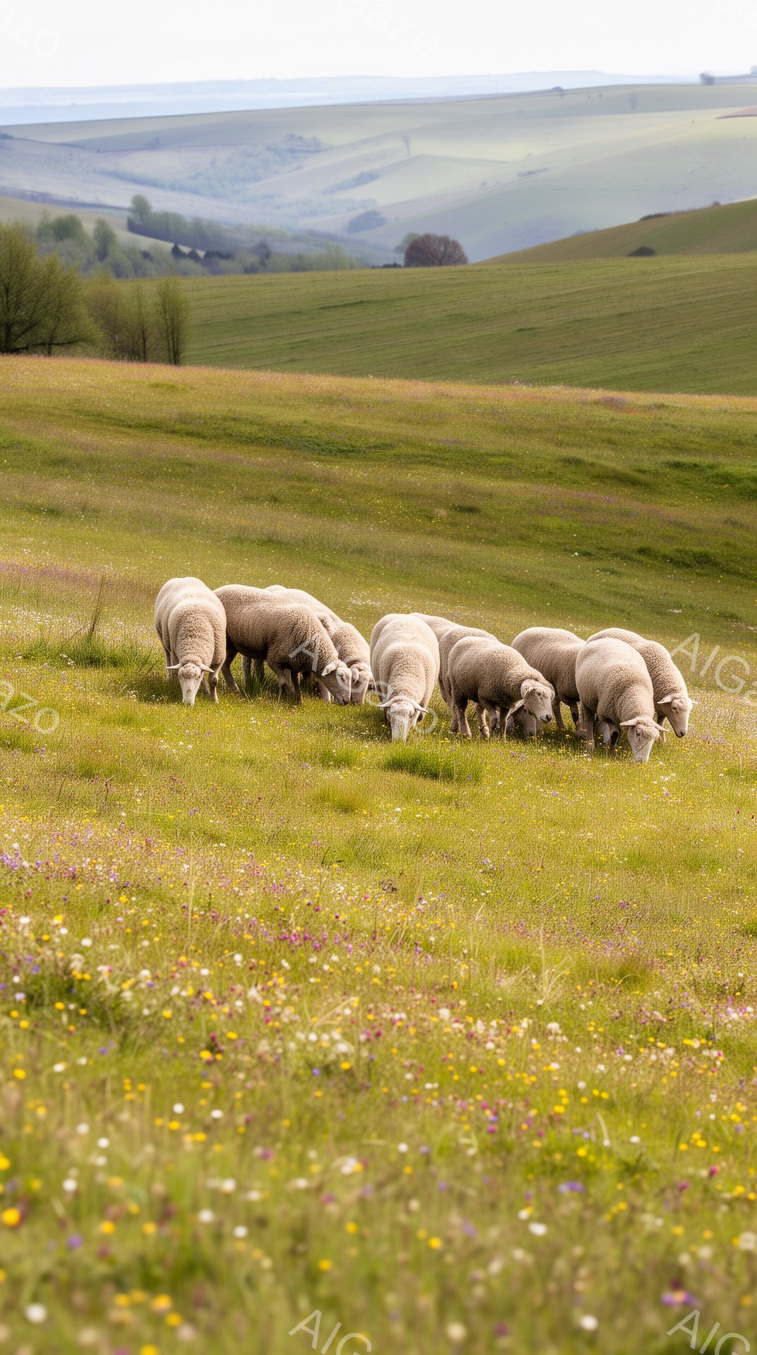 広大な緑の丘に羊の群れが草を食んでいます。日差しは暖かく、色とりどりの野花が咲き乱れる穏やかな風景です。遠くにはなだらかな丘が連なり、牧歌的な雰囲気を醸し出しています。 - AI生成フリー素材
