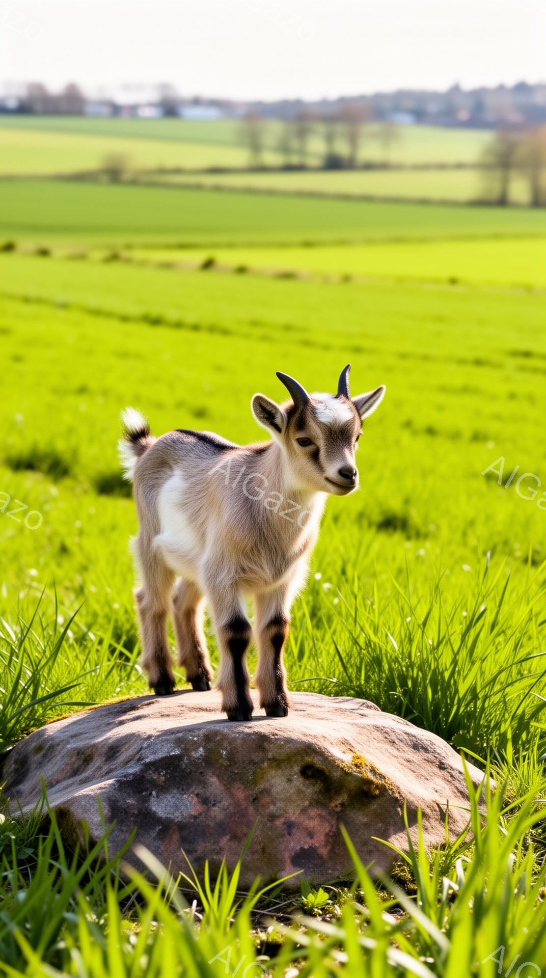 鮮やかな緑の草原の上に、小さなヤギが岩の上に立っています。ヤギは明るい茶色と白の毛並みで、好奇心旺盛な表情でカメラを見つめています。背景には、広々とした田園風景が広がり、穏やかな日差しが降り注いでいます。