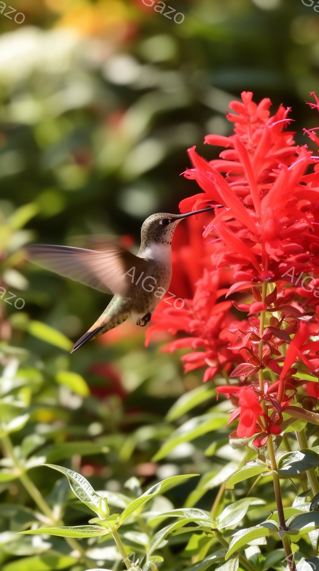 赤い花の上で、緑色のハチドリが蜜を吸っています。背景には緑の葉がぼやけて見え、鮮やかな色のコントラストが美しいです。ハチドリの羽根は高速で動き、生命力に満ち溢れています。 - AI生成フリー素材