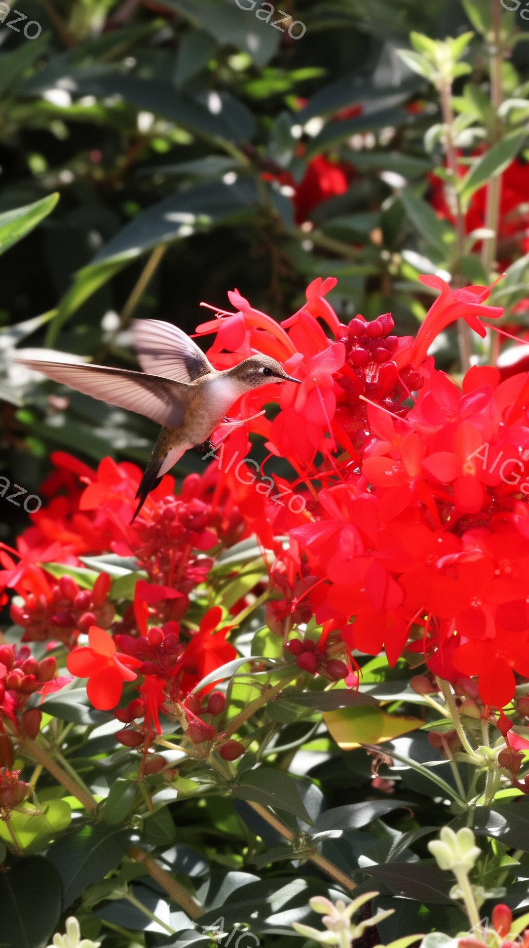 真っ赤な花が密集した茂みの間に、ハチドリが花の蜜を吸っている。ハチドリは、翼を羽ばたかせて空中で静止し、細い嘴で花に届いている。鮮やかな赤色が目に留まり、夏の日の活気を感じさせる。