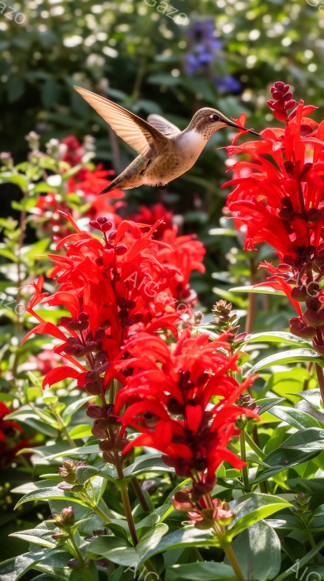 赤い花の間でハチドリが蜜を吸っています。背景には緑の葉が茂り、明るい日差しが差し込んでいます。鮮やかな色彩と自然の美しさが感じられる、穏やかな雰囲気の写真です。 - AI生成フリー素材