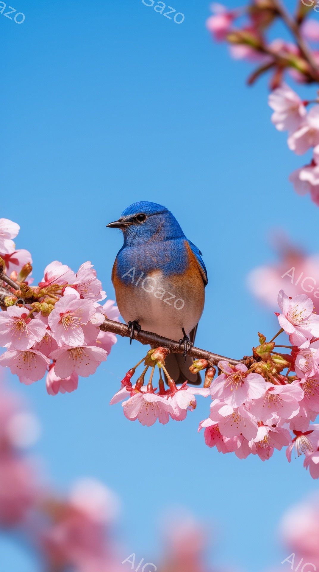 美しい青い鳥が桜の枝にとまっている。空は青く、桜の花びらは柔らかくピンク色で、春の穏やかな雰囲気を醸し出している。鳥は明るい色彩で、桜の淡いピンク色とのコントラストが際立っている。 - AI生成フリー素材