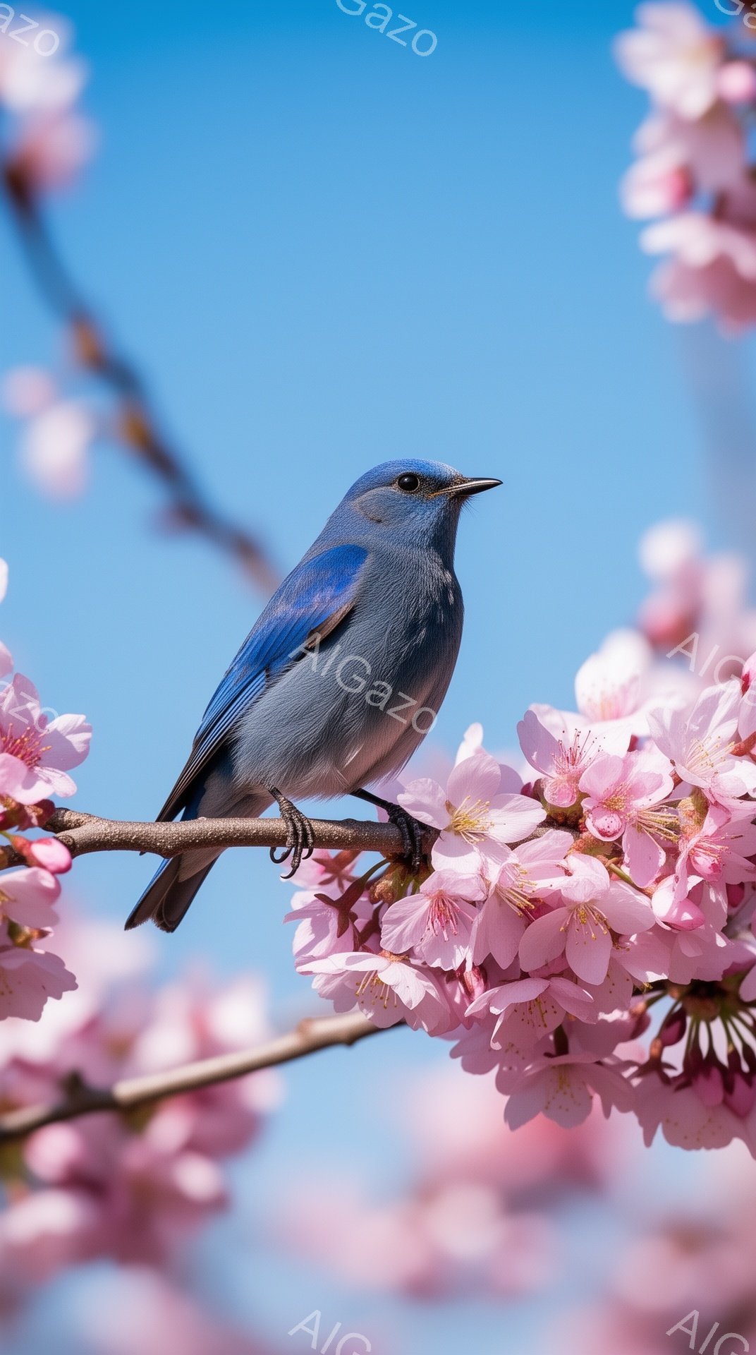 鮮やかな青い鳥が桜の枝にとまっている。空は晴れ渡り、背景の桜の花びらは淡いピンク色で、春の暖かさを感じさせる。鳥の鮮やかな色彩と桜のコントラストが美しい。